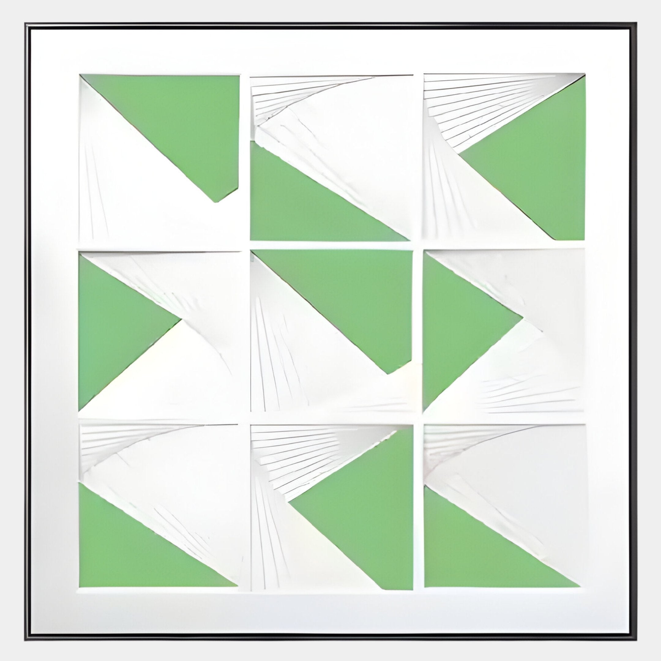 Prismatics Green Geometric Cardboard Carving Wall Art by Giant Sculptures features a 3x3 grid of white squares with folded corners revealing green triangles, set in a minimalist aluminium frame for modern depth and texture.