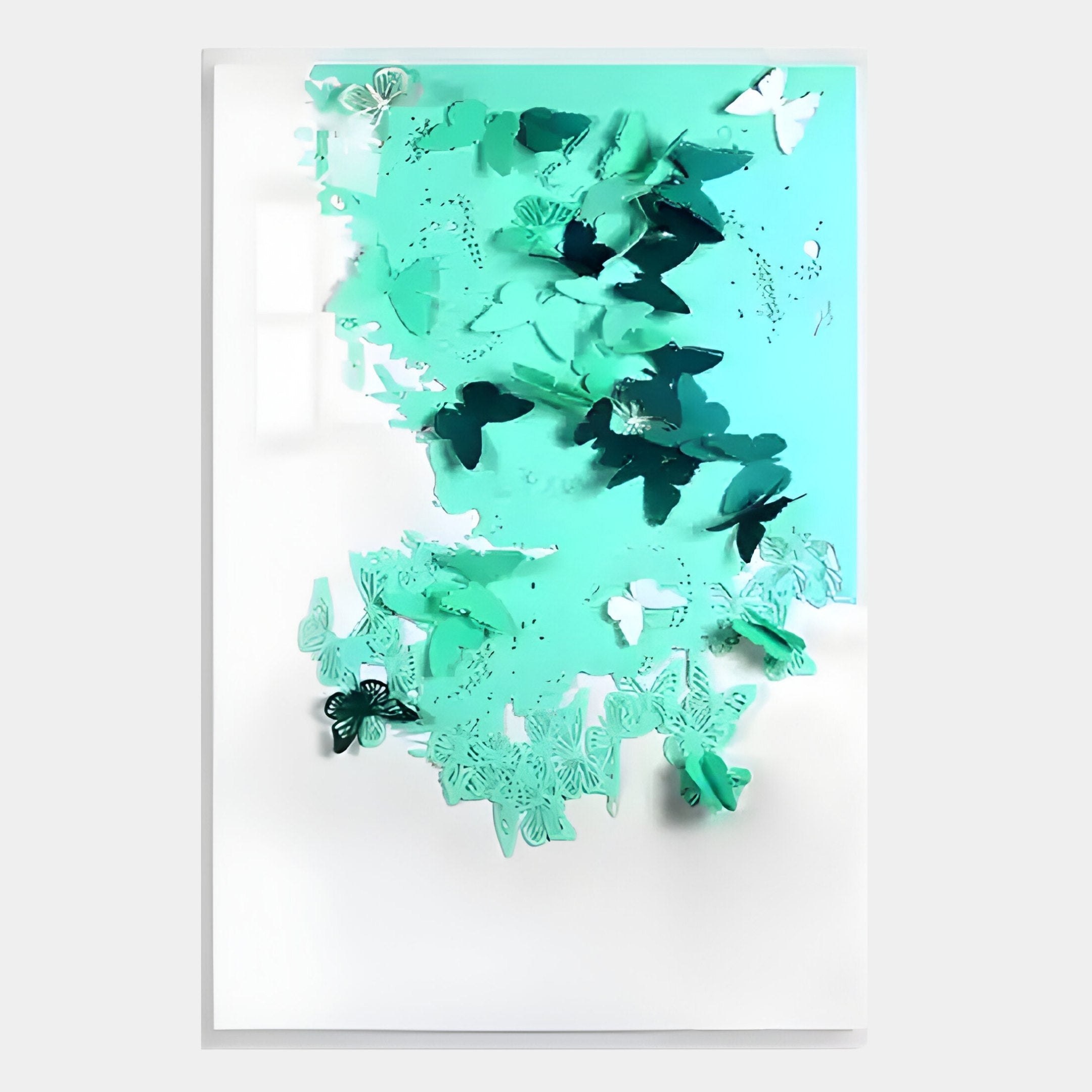 Luminara Green I Butterfly Paper 3D Wall Art by Giant Sculptures features handmade turquoise and green paper butterflies in a gradient on white canvas, creating stunning overlapping silhouettes and dynamic shadows.