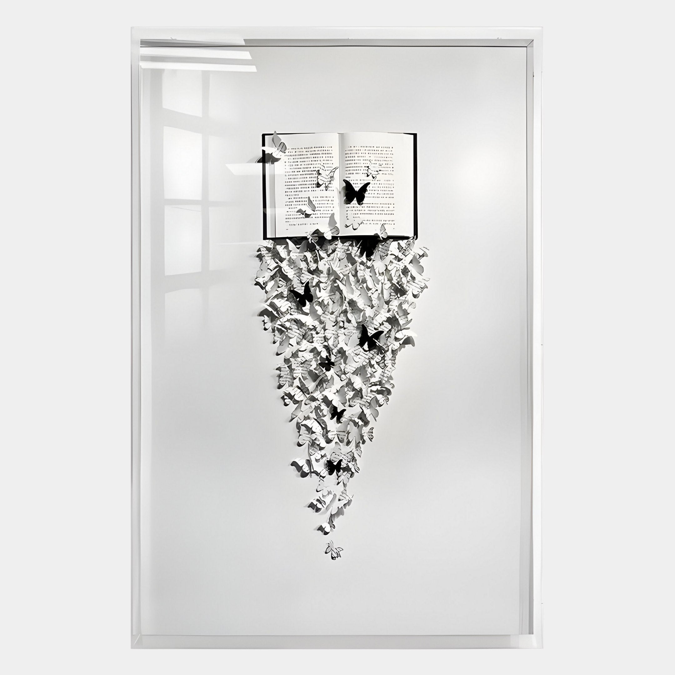 The Epiphany Black & White Butterfly Paper Wall Art by Giant Sculptures features a framed open book on a white background, with 3D butterflies flowing from its pages—a stunning monochrome abstract piece.