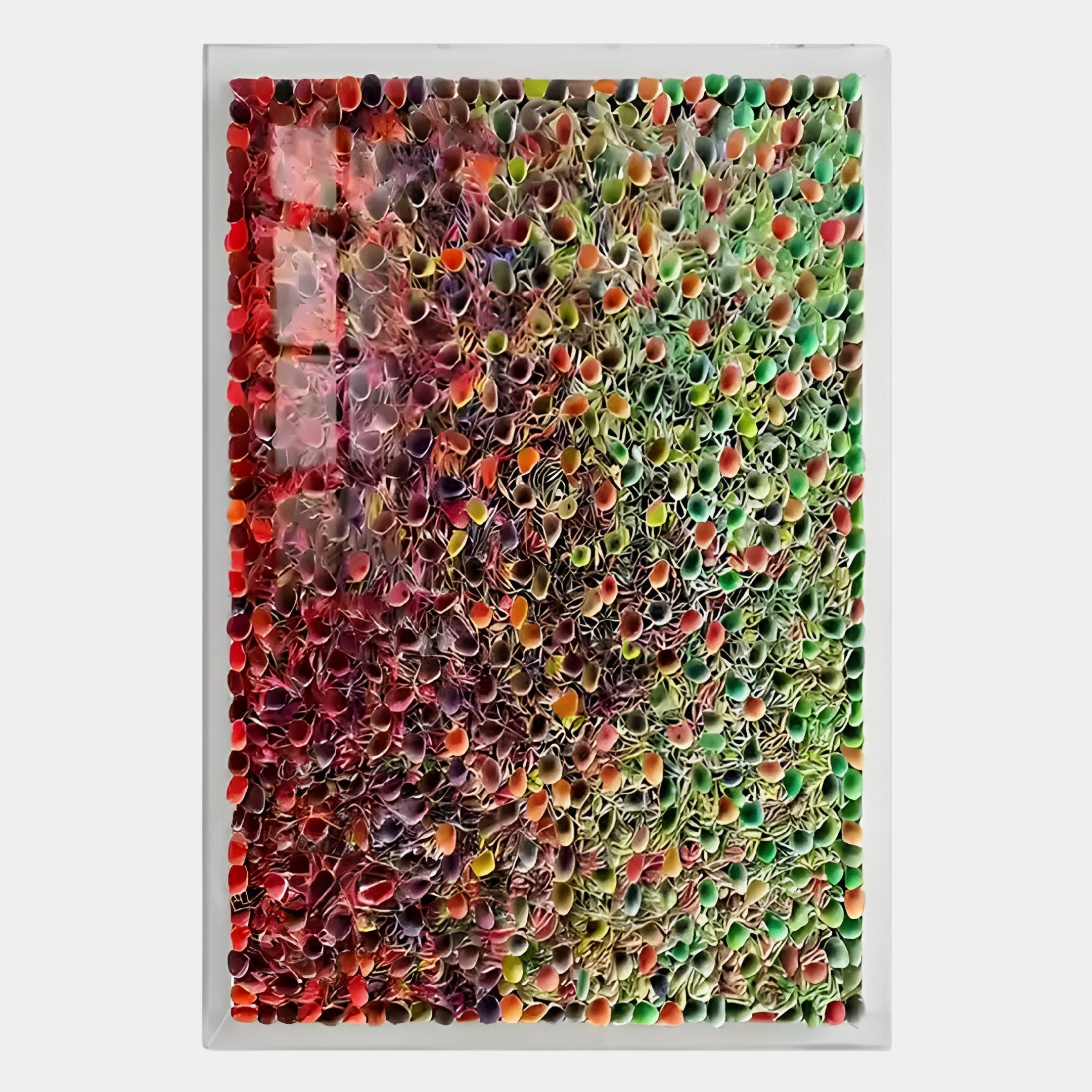 The Chromatica Vertical Radiant Red & Green Rolled Paper 3D Wall Art by Giant Sculptures features tightly arranged paper tubes in a striking red and green gradient with pink and orange accents for a bold, dimensional effect.