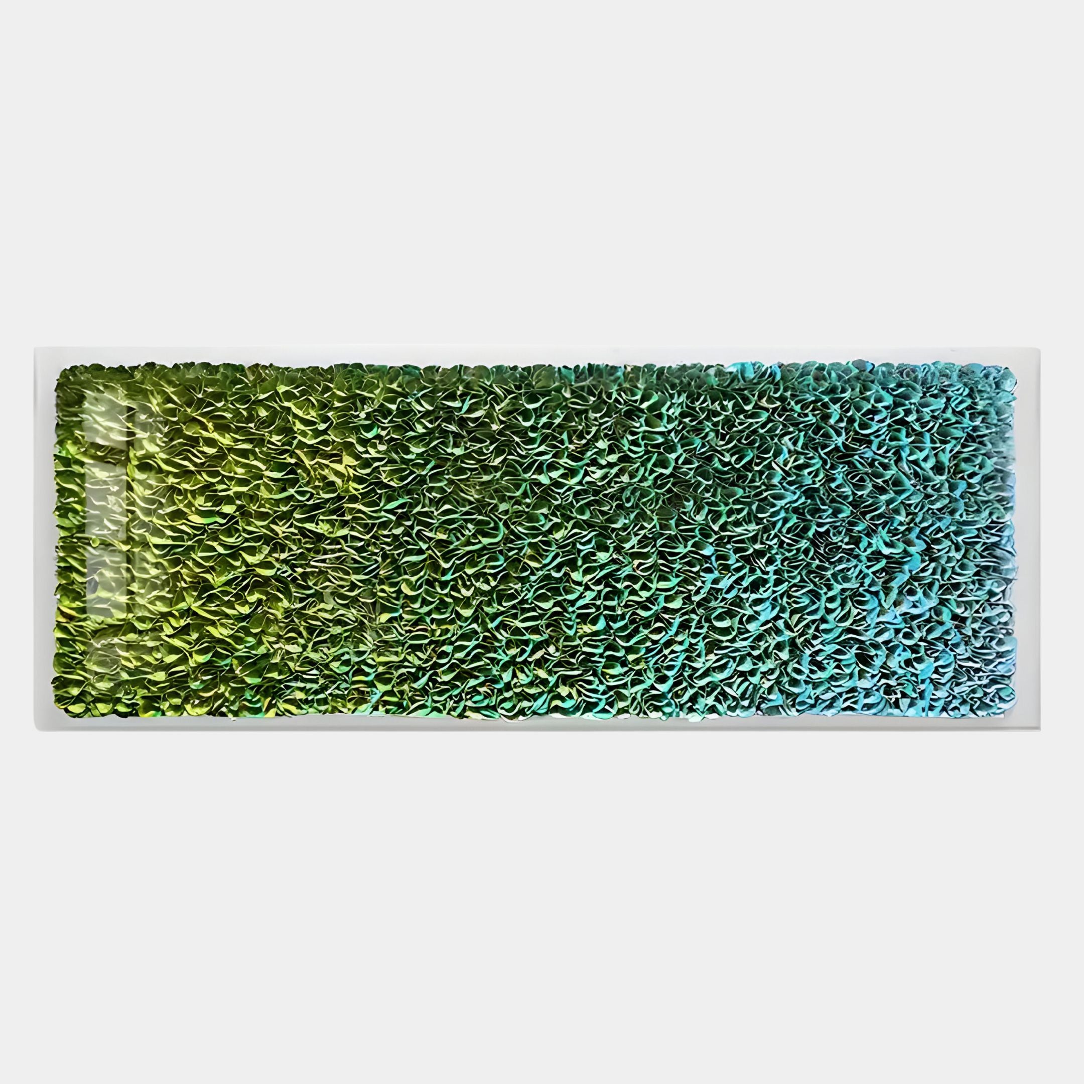 Giant Sculptures Chromatica Rectangular Lush Green Gradient Paper 3D Wall Art features densely packed, curled shapes in a green-to-blue gradient, adding textured modern style to any decor.