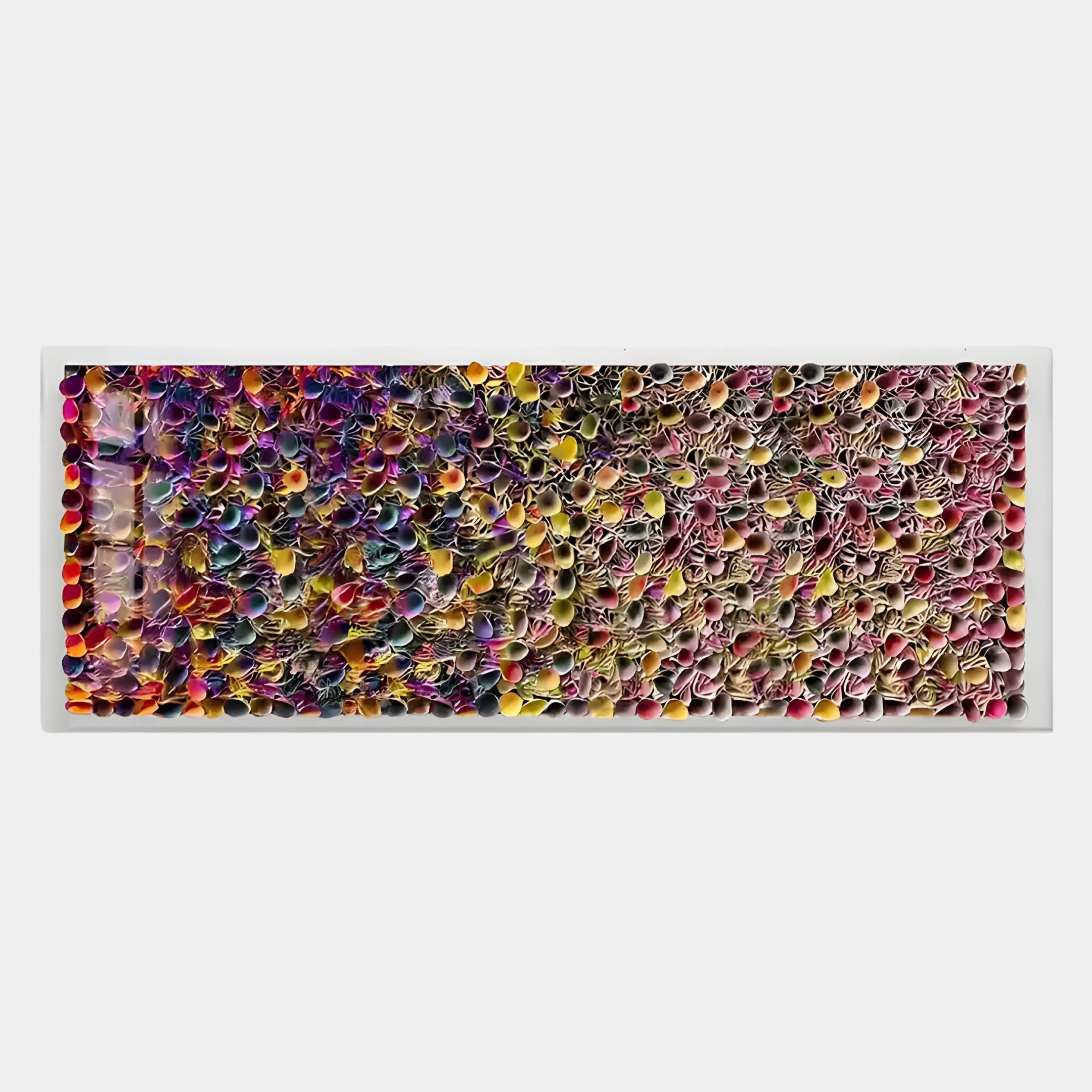 The Chromatica Rectangular Multicoloured Gradient Rolled Paper 3D Wall Art by Giant Sculptures features tightly rolled colorful paper in a grid within an acrylic frame, creating a textured mosaic with purple, pink, yellow, orange, and white hues.