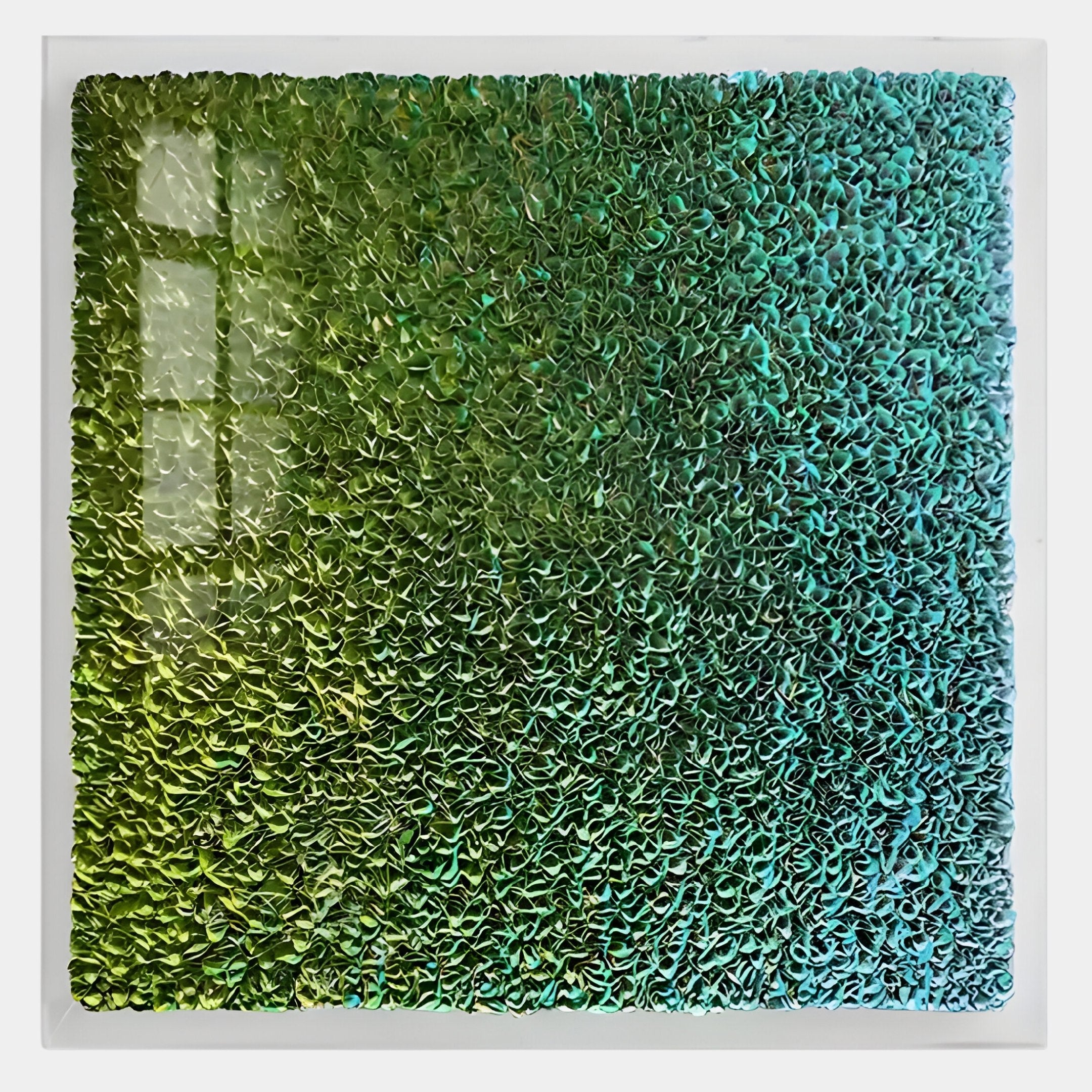 The Chromatica Square Lush Green Gradient Paper 3D Wall Art by Giant Sculptures showcases ruffled green and blue textured layers in a gradient from yellow-green to deep blue, with light reflecting at the top left corner.