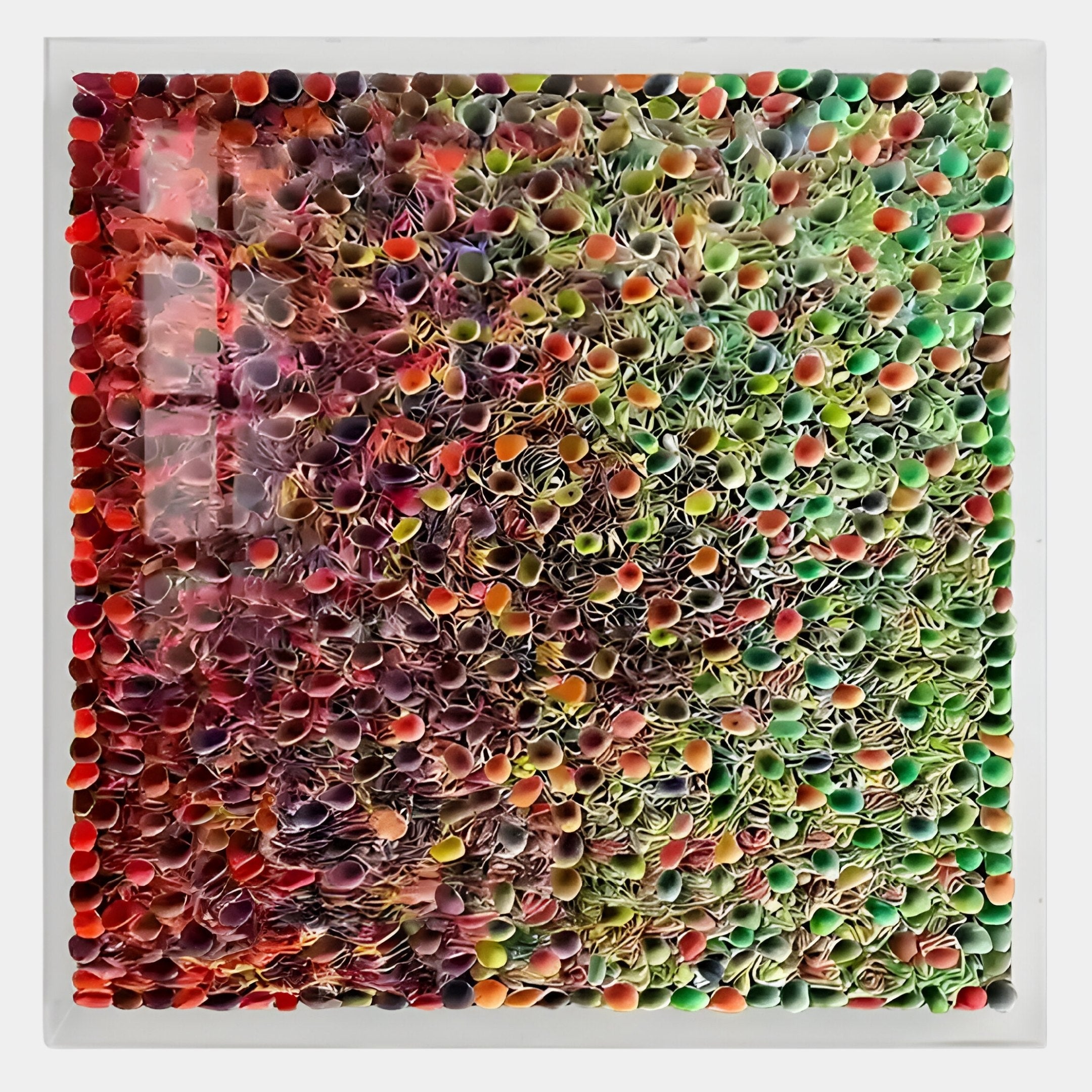 The Chromatica Square Radiant Red & Green Rolled Paper 3D Wall Art by Giant Sculptures features a square frame with tightly packed rolled paper tubes, creating a vibrant mosaic that transitions flawlessly from red to green.