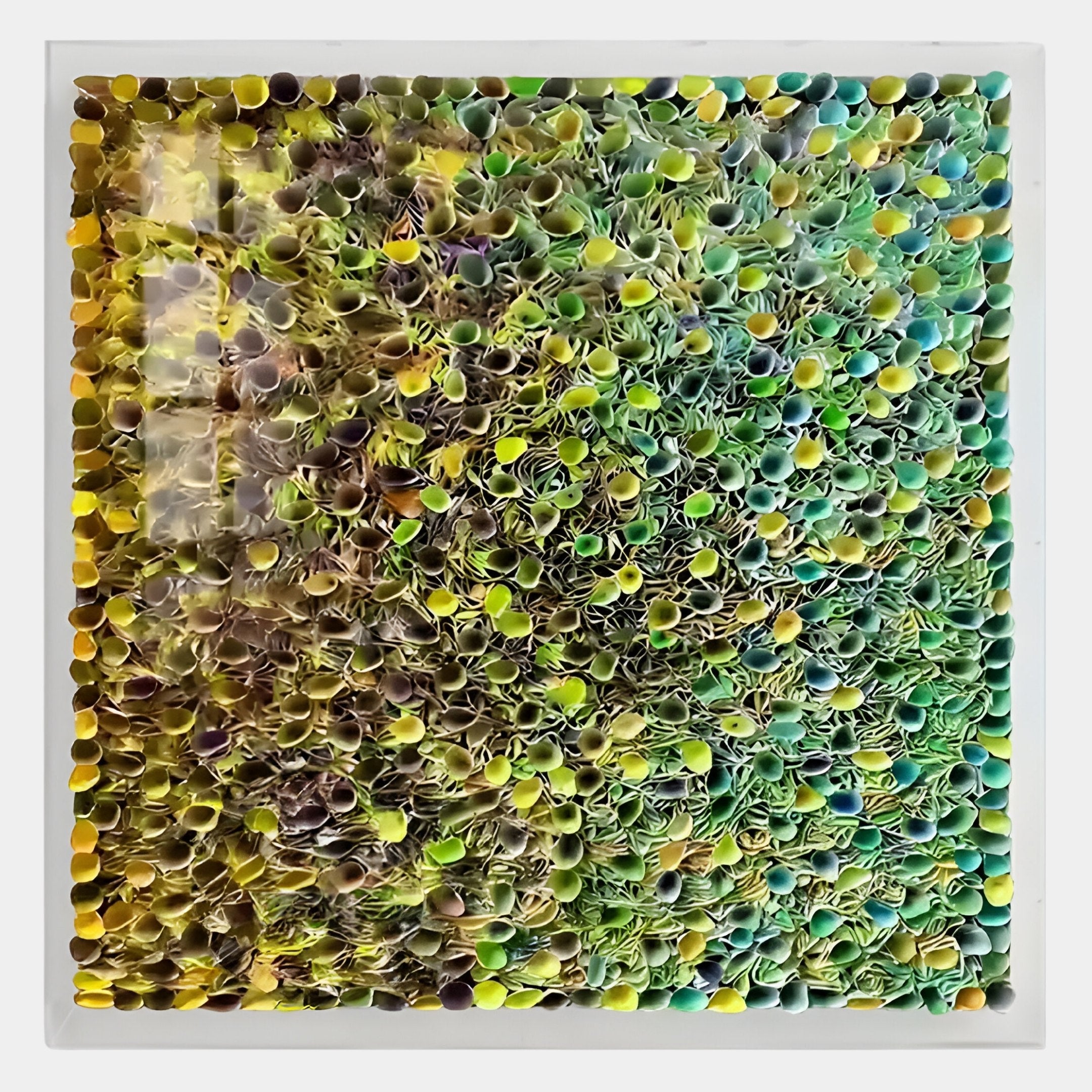 The Chromatica Square Vibrant Green Rolled Paper 3D Wall Art by Giant Sculptures features tightly packed rolled paper tubes in vibrant greens, yellows, and blues, creating a striking textured mosaic perfect for adding color and depth to your space.