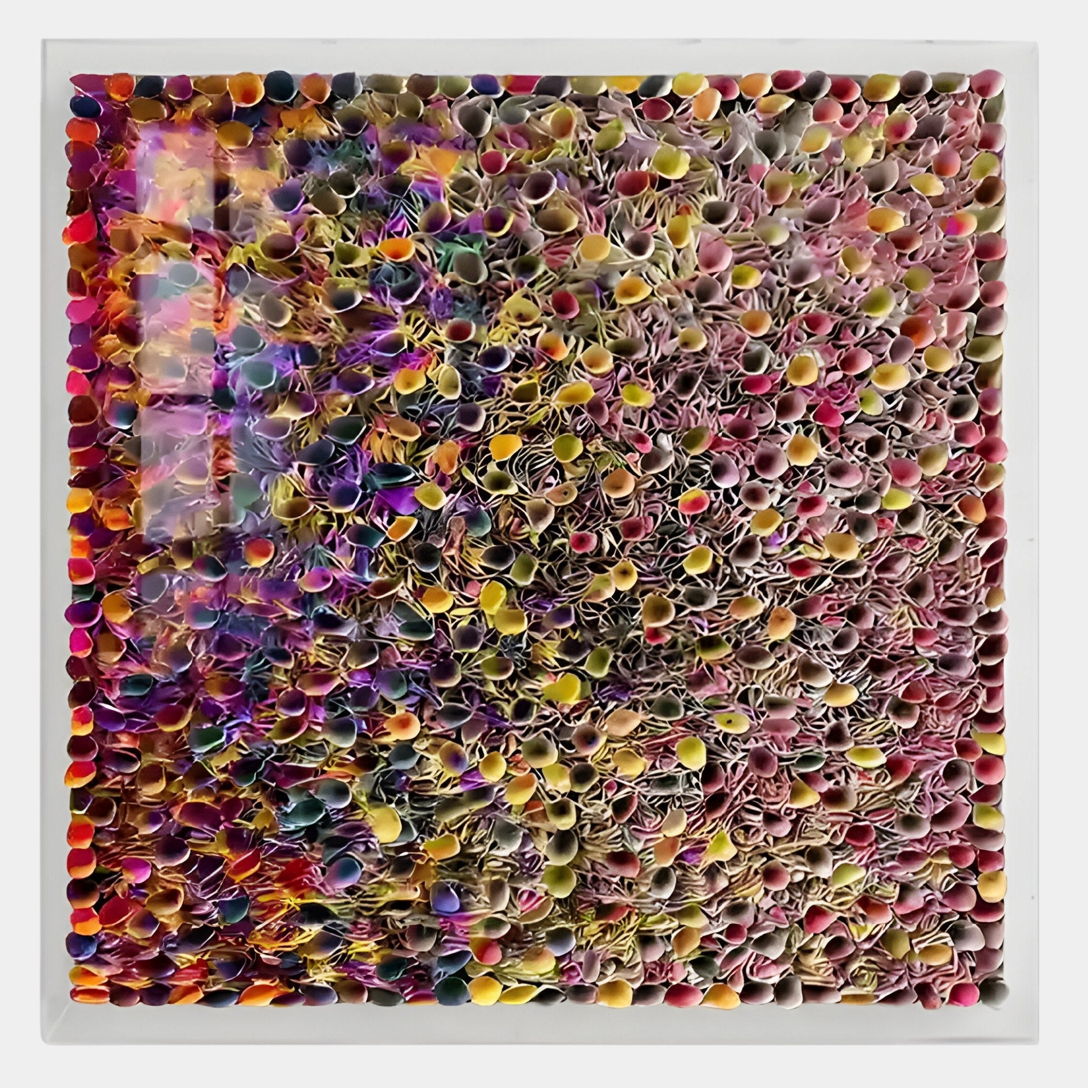 The Chromatica Square Multicoloured Gradient Rolled Paper 3D Wall Art by Giant Sculptures features tightly arranged pastel and bright paper tubes, creating a vibrant gradient effect. Light on the glass surface enhances its textured beauty.