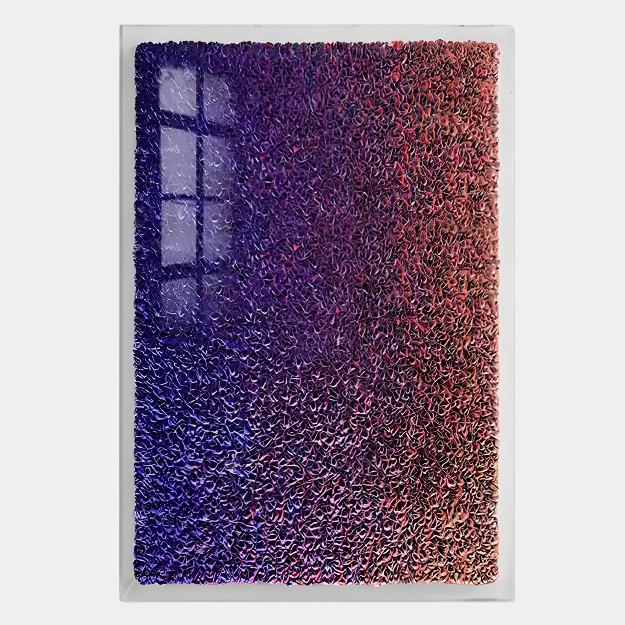 The Chromatica Vertical Vibrant Purple Gradient Paper 3D Wall Art by Giant Sculptures features textured, layered swirls blending purple, pink, and peach, with a modern look and faint window reflection on the upper left.