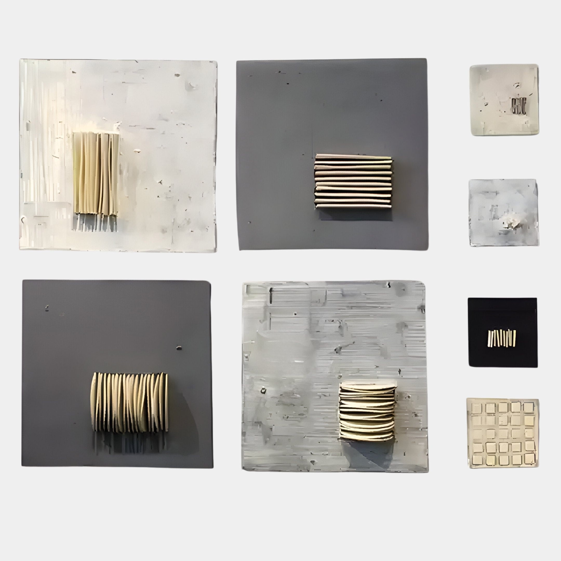 The Modulus Neutral Toned Large Abstract Square Panels Set Wall Art by Giant Sculptures includes nine square panels with raised, handcrafted textures in white, gray, and black, each featuring minimalist cylindrical or rectangular forms.