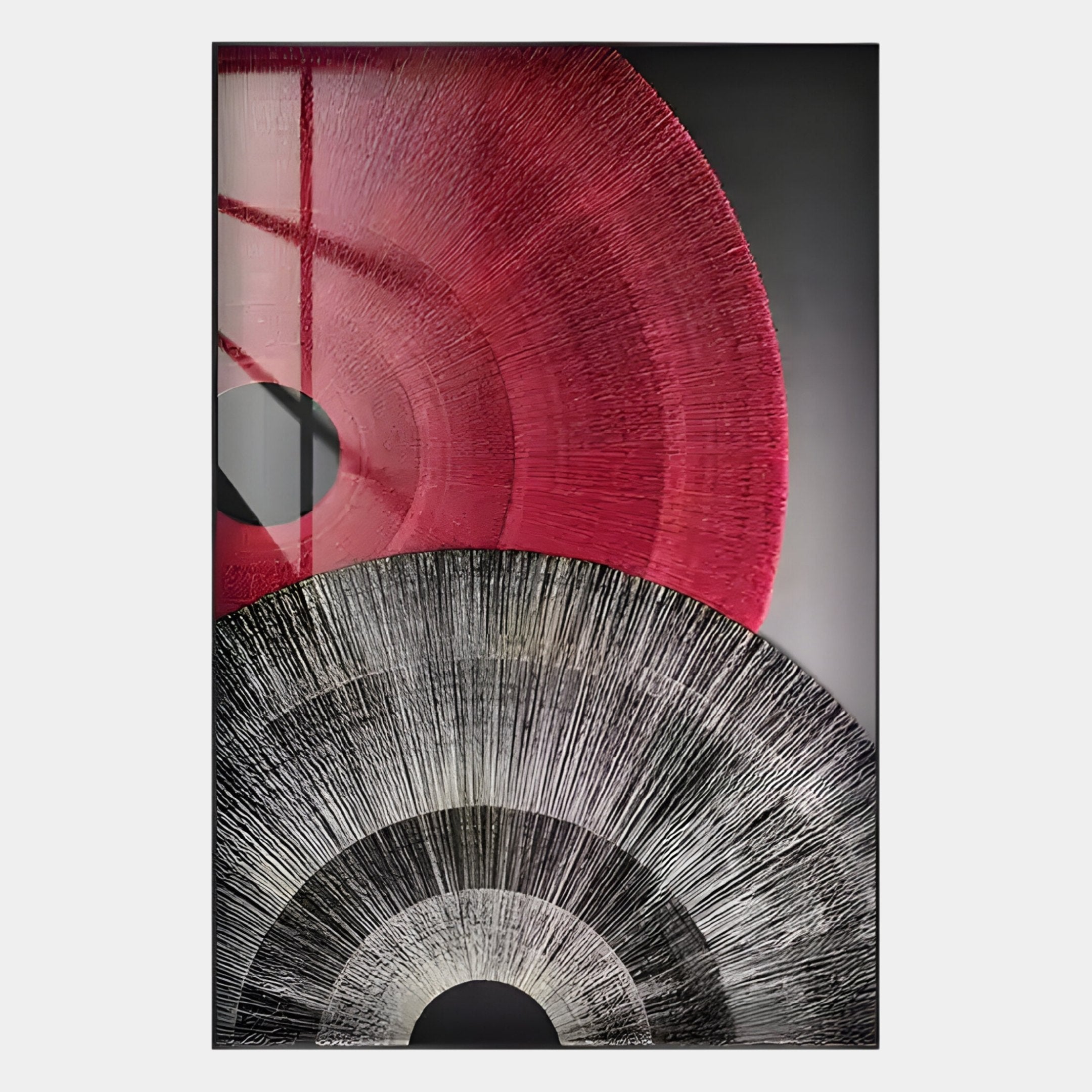 The Auralis Red & Black Dual Concentric Circular Cardboard Craft Wall Art by Giant Sculptures showcases two overlapping red and black fan shapes made of fine lines on a gray backdrop—perfect for striking modern decor.