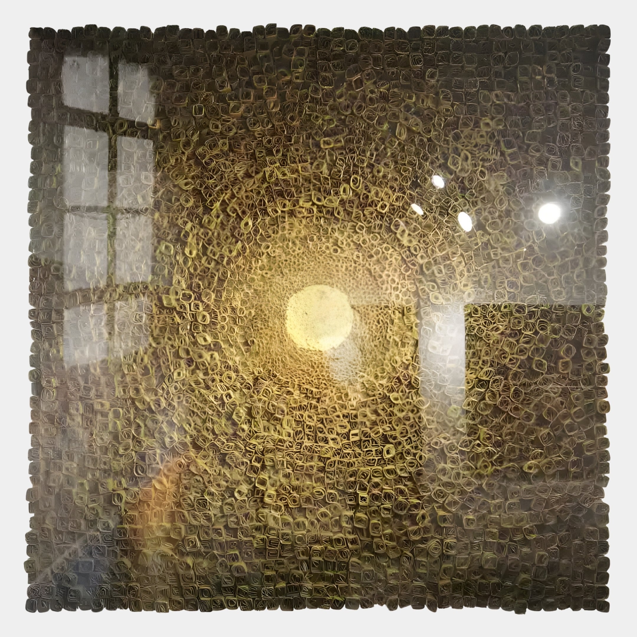 A square artwork of concentric circular golden patterns with window and light reflections on glass—an exquisite example of Giant Sculptures’ TerraLuma Golden Bloom Paper Craft 3D Wall Art.