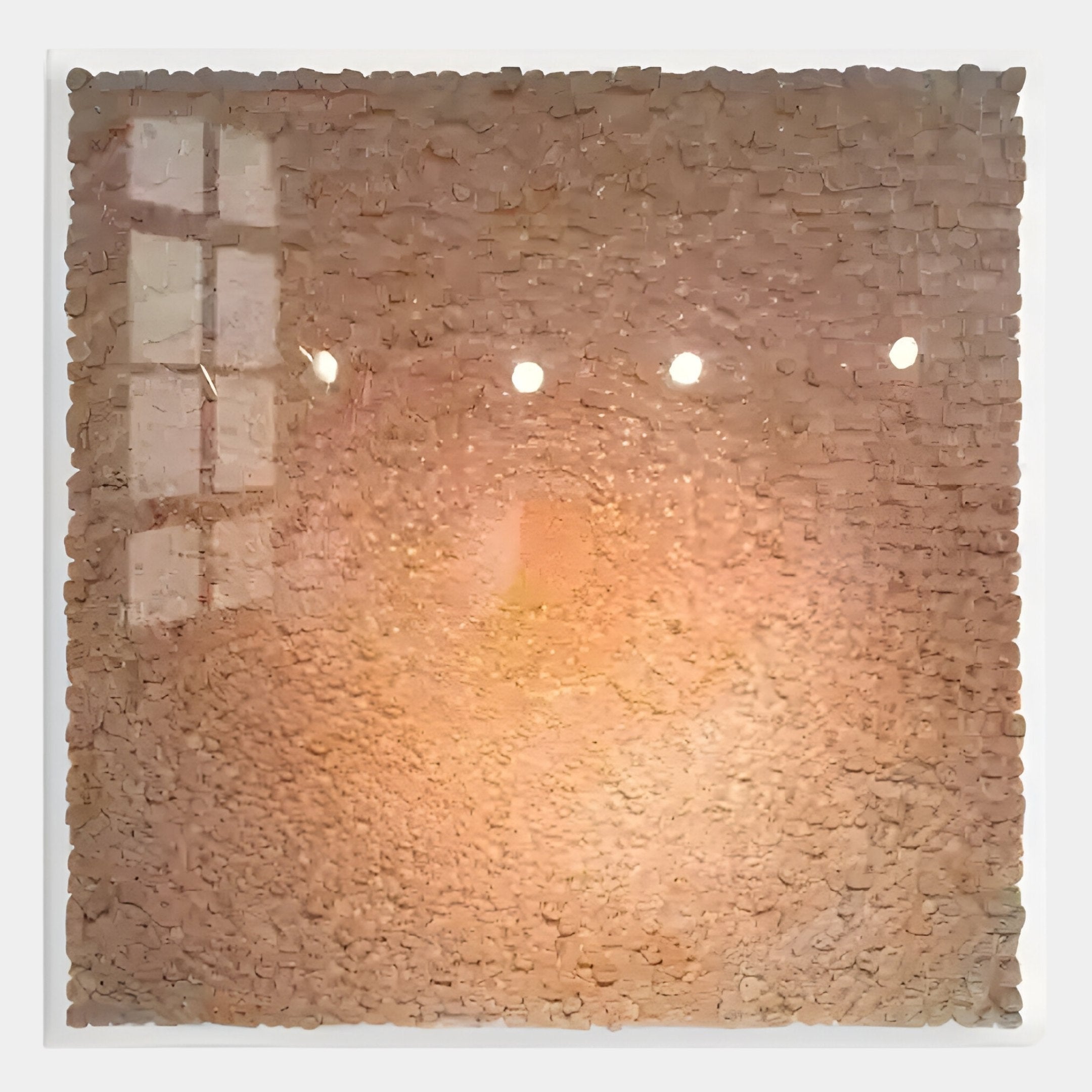 The TerraLuma Sunlit Blossom Paper Craft 3D Wall Art by Giant Sculptures features a square design of small, beige, pill-shaped pieces in a dense grid, with glowing light effects and four bright highlights near the top.