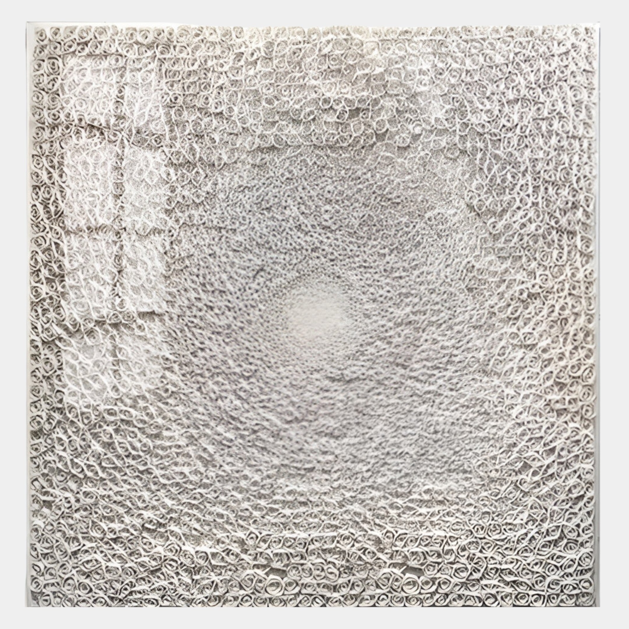 The TerraLuma Ivory White Bloom Paper Craft 3D Wall Art by Giant Sculptures features concentric circular patterns of coiled off-white paper, creating a subtle gradient and softly reflecting light across its textured surface.