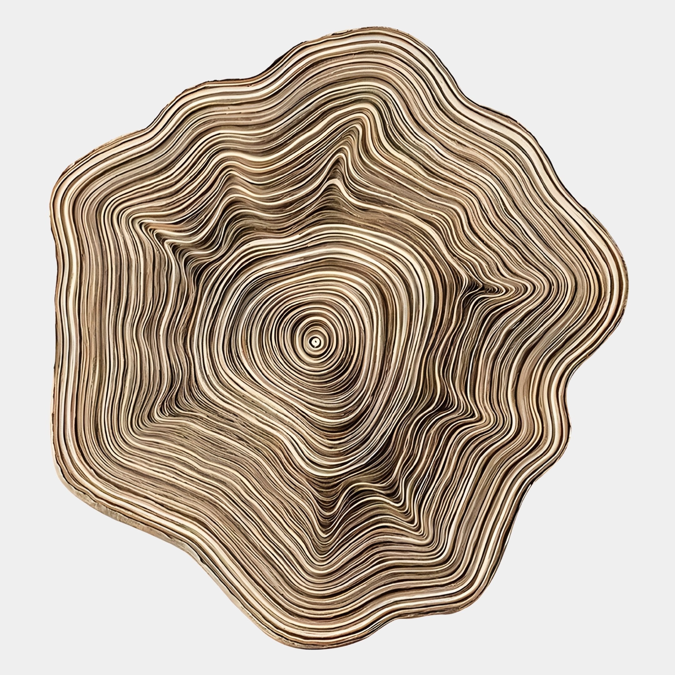 The Lignature Ring Hand-Painted Felt Paper Wall Art by Giant Sculptures features abstract, wavy concentric lines in beige and brown on white, evoking Japanese Retro Design or tree rings.