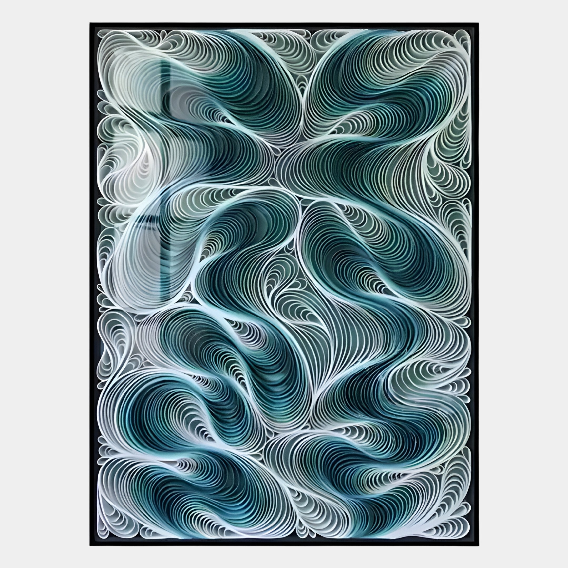 The Filigree Turquoise Swirl Quilling Paper Wall Art by Giant Sculptures features dense, curved teal, white, and dark green quilled patterns layered in a black rectangular frame for a dynamic sense of movement.