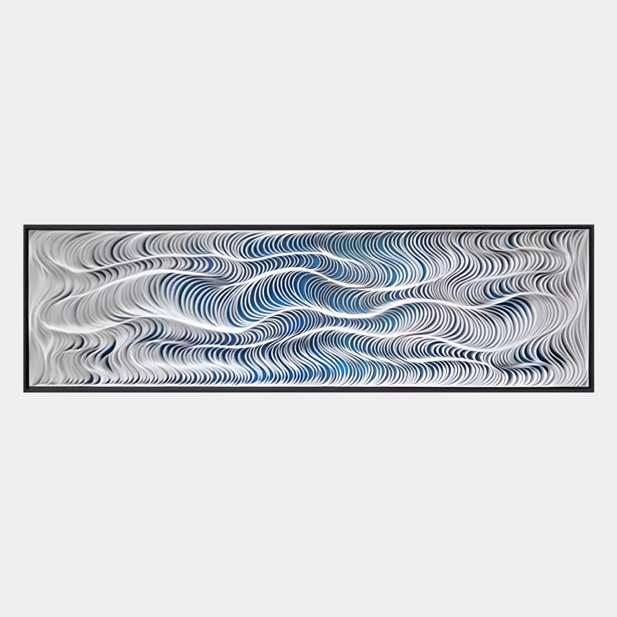 The Fluenta Blue Ripple Linear Cardboard 3D Wall Art by Giant Sculptures features wavy black and white lines with blue accents, framed in black on a light background, creating a dynamic optical illusion of movement and depth.
