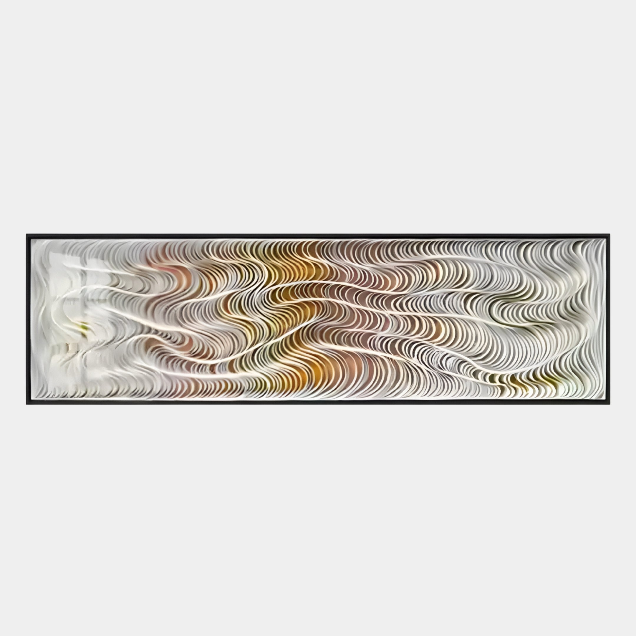 Fluenta Sunlit Ripple Linear Cardboard 3D Wall Art by Giant Sculptures features wavy white lines over yellow, orange, and brown tones for a sunlit ripple illusion, all elegantly encased in a sleek black frame.