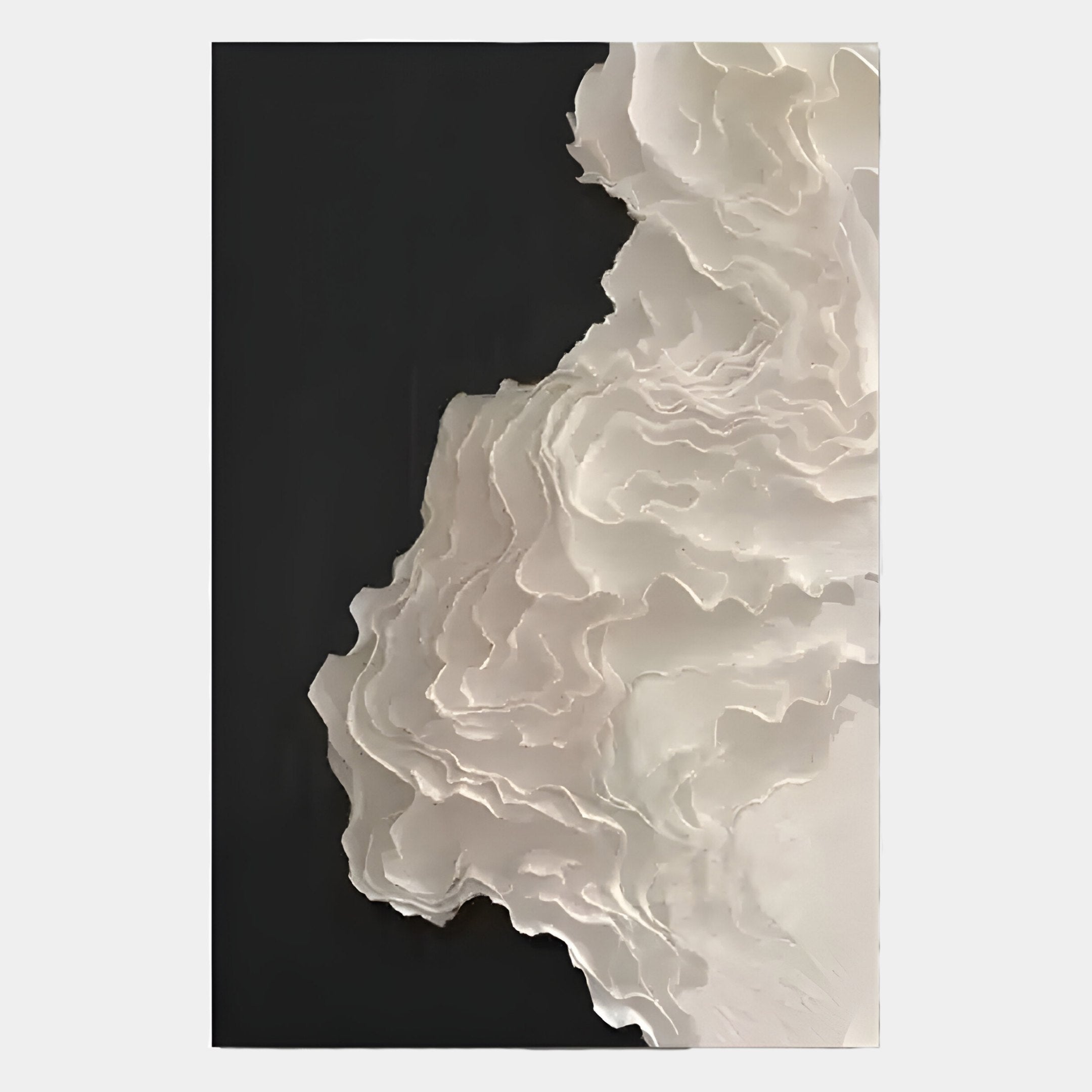Stratura V Black & White Layered Paper Canvas Wall Art by Giant Sculptures features wavy, white paper-like textures on the right and a solid black background on the left, evoking topographic contours and modern art.