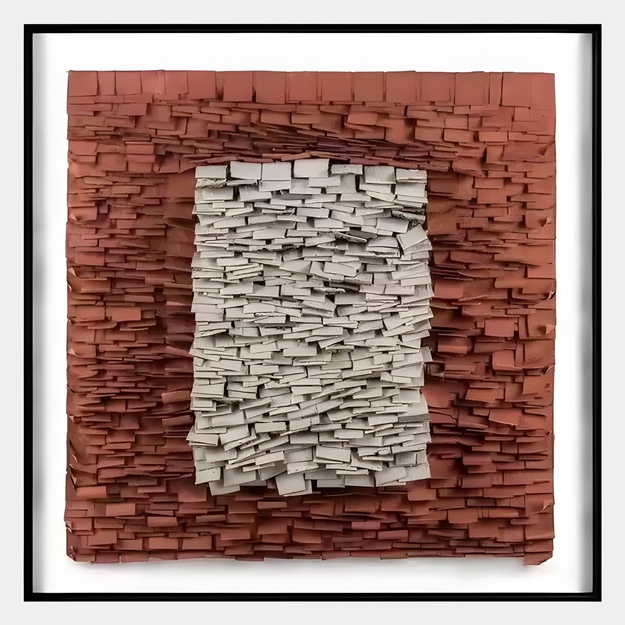 The Terracova Red Frame Textured Cardboard Square 3D Wall Art by Giant Sculptures features layered rectangles in textured cardboard, with white central tiles and a red frame, offering modern artistry and striking three-dimensional appeal.