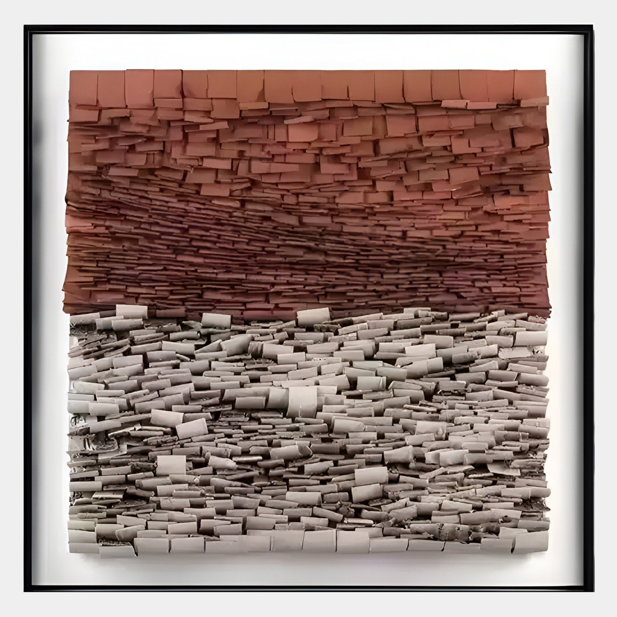 Terracova Red Earthy Layers Cardboard Square 3D Wall Art by Giant Sculptures features rows of small blocks in reddish-brown on top and grayish-white below, creating a unique, textured, landscape-inspired effect.