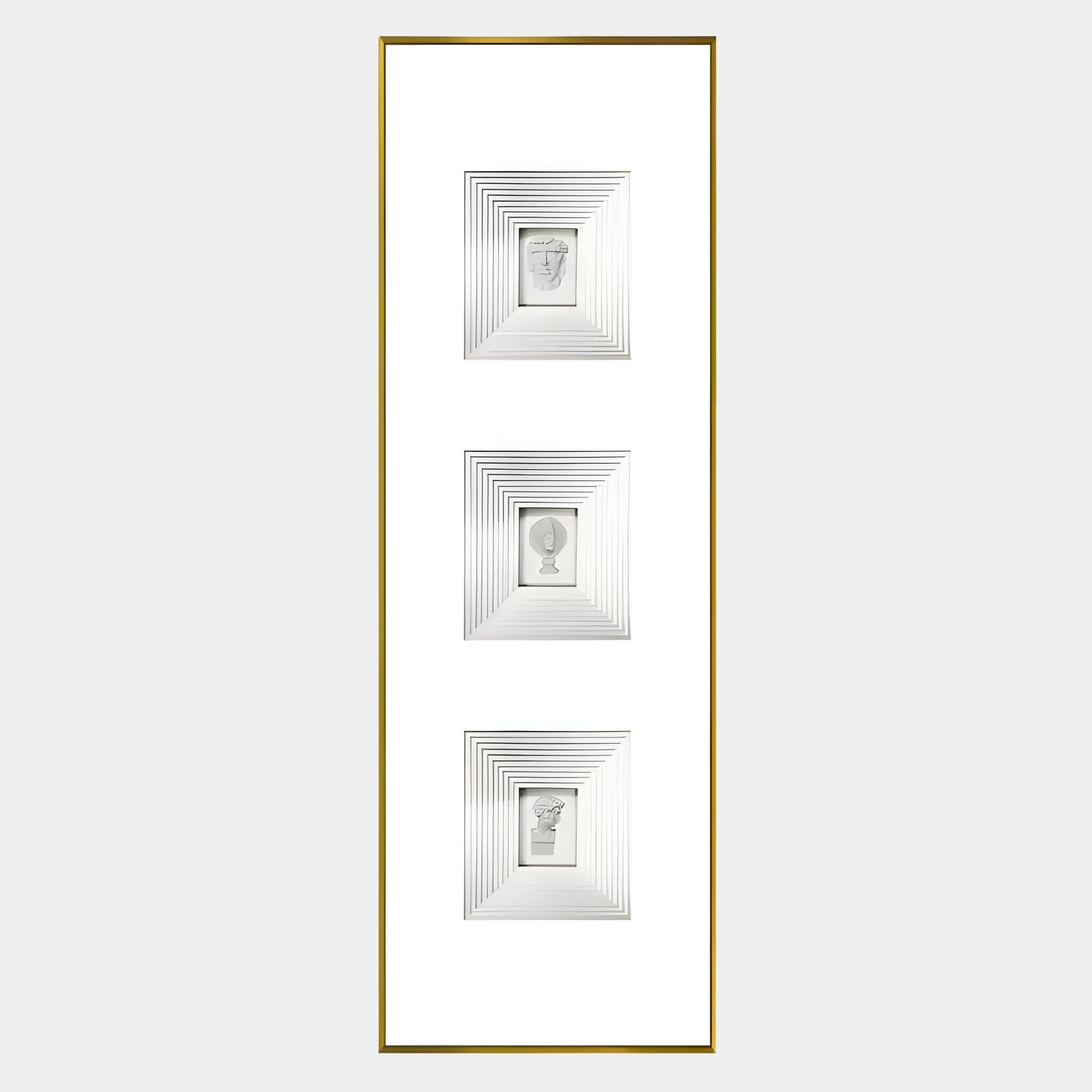 The Lustre White Plaster Statue Vertical Decorative Wall Art by Giant Sculptures features three minimalist, layered squares with silver plaster reliefs—a classical bust, a globe, and another bust—on a white background with a gold border.