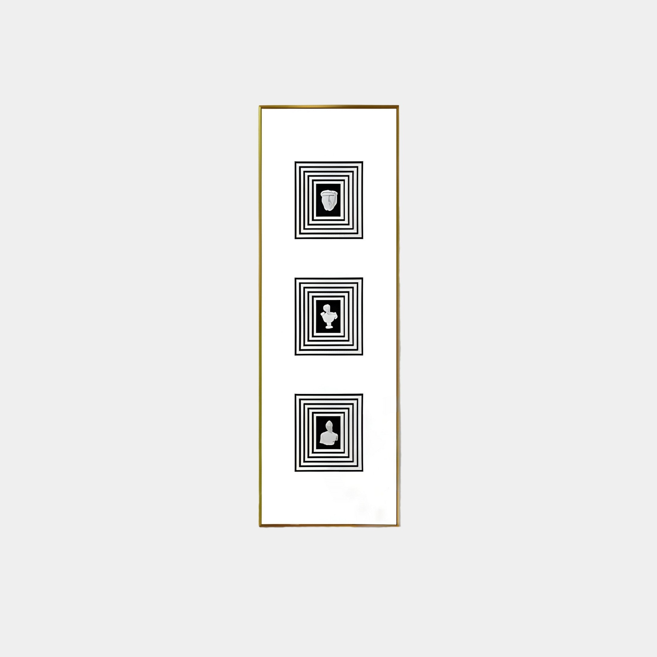 The Lustre Black & White Plaster Statue Vertical Wall Art by Giant Sculptures showcases three French-inspired black-and-white silhouetted profiles, each centered within concentric square patterns, displayed vertically in a minimalist style and framed with a simple border.