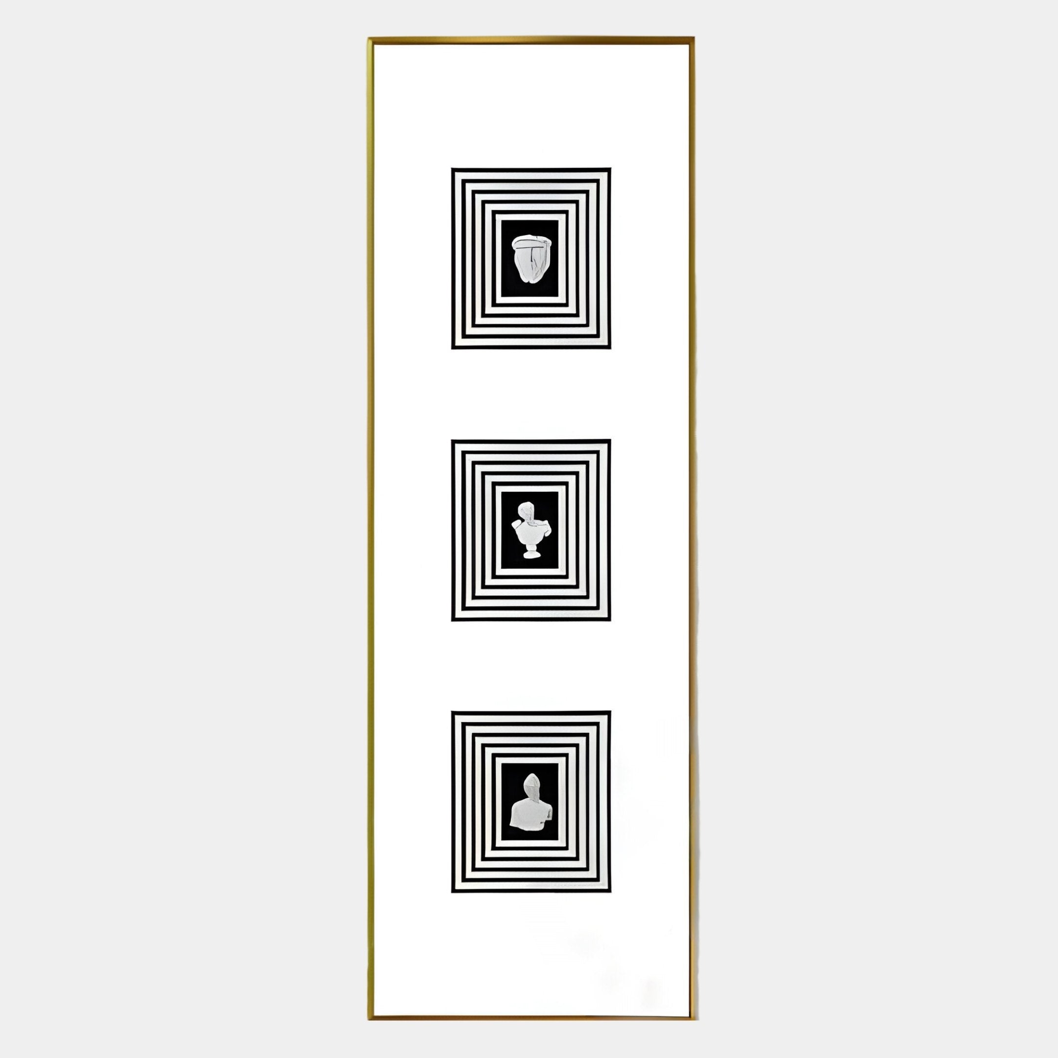 The Lustre Black & White Plaster Statue Vertical Wall Art by Giant Sculptures features three geometric silhouettes in a gold frame, each set within concentric squares on white for a striking, modern display.