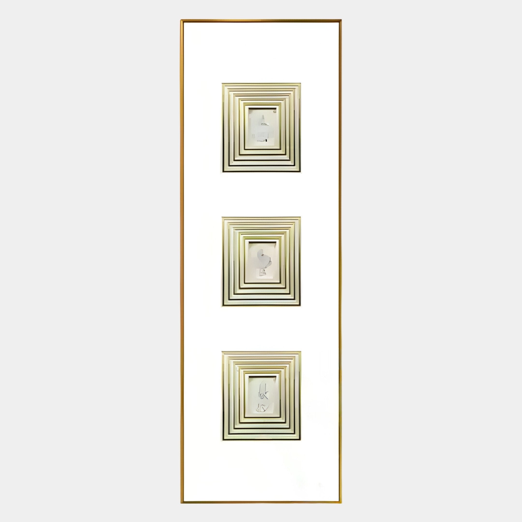 The Lustre Golden Illusion Plaster Statue Vertical Wall Art by Giant Sculptures features three white switches on a rectangular white panel, each accented with gold concentric squares—an elegant touch for modern interiors.