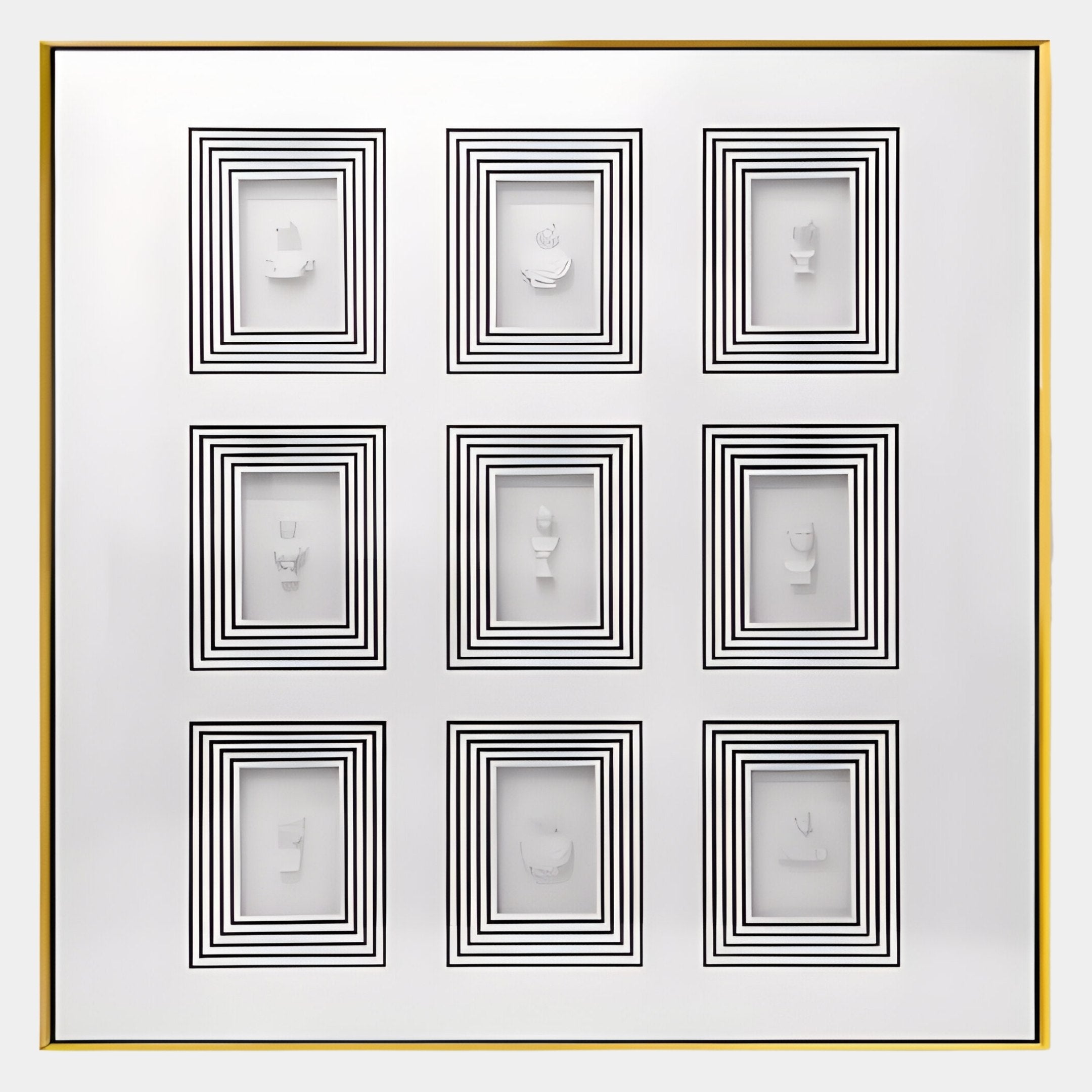 The Lustella Black & White Plaster Statue Cardboard Square Wall Art by Giant Sculptures features nine white-framed abstract plaster statues set on a white backdrop with black concentric rectangles, all bordered by a slim gold frame.
