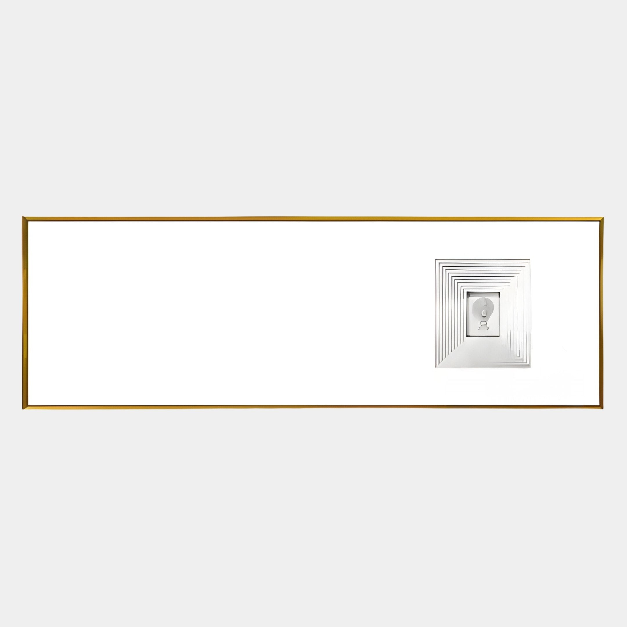 The Lustreline White Right Plaster Statue Cardboard Wall Art by Giant Sculptures features a modern white rectangular frame with a gold border and a white square switch with concentric patterns on the right; the rest remains blank.