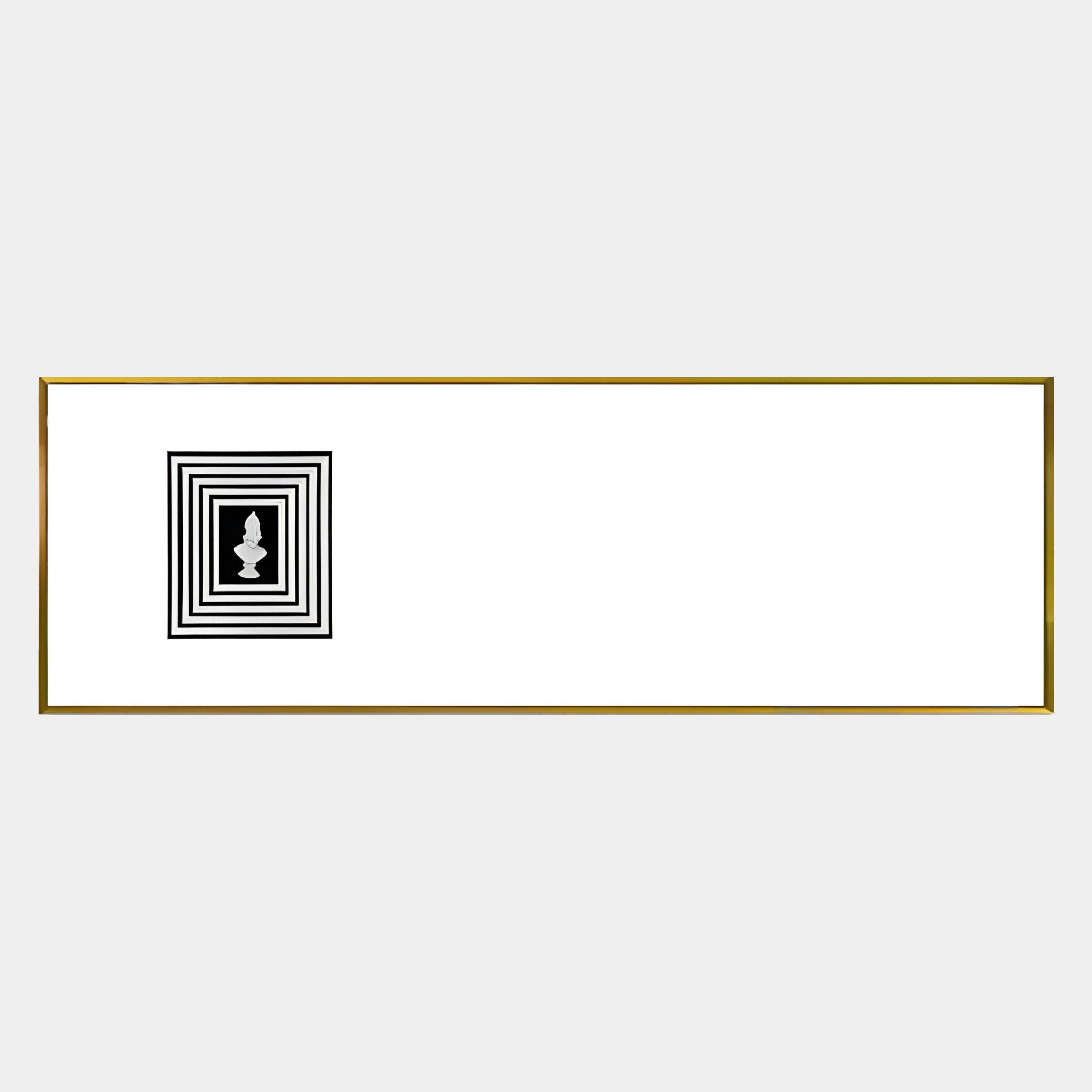 Giant Sculptures’ Lustreline Black & White Left Plaster Statue Cardboard Wall Art features a white rectangular frame with bold black squares in the top left and an abstract center, all accented by a slim gold border—ideal for modern walls.