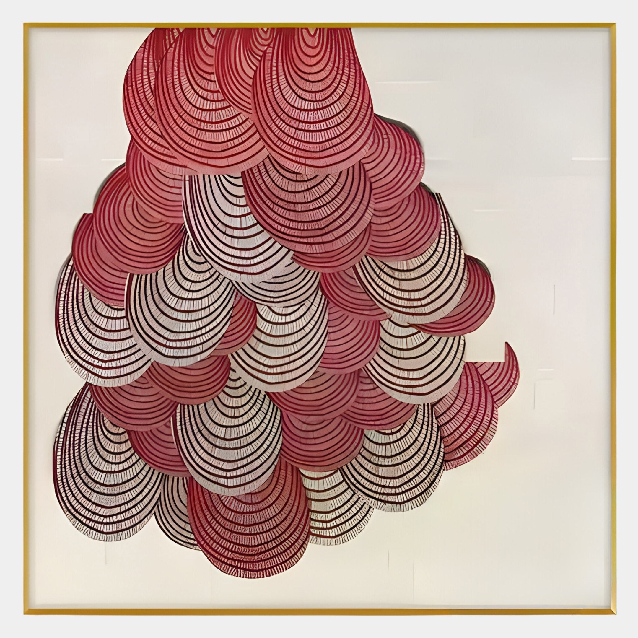 The Rosette II Vibrant Red Circular Pattern Wall Art by Giant Sculptures showcases layered semi-circular shapes in red, pink, and black on white, elegantly framed with a slim gold border.