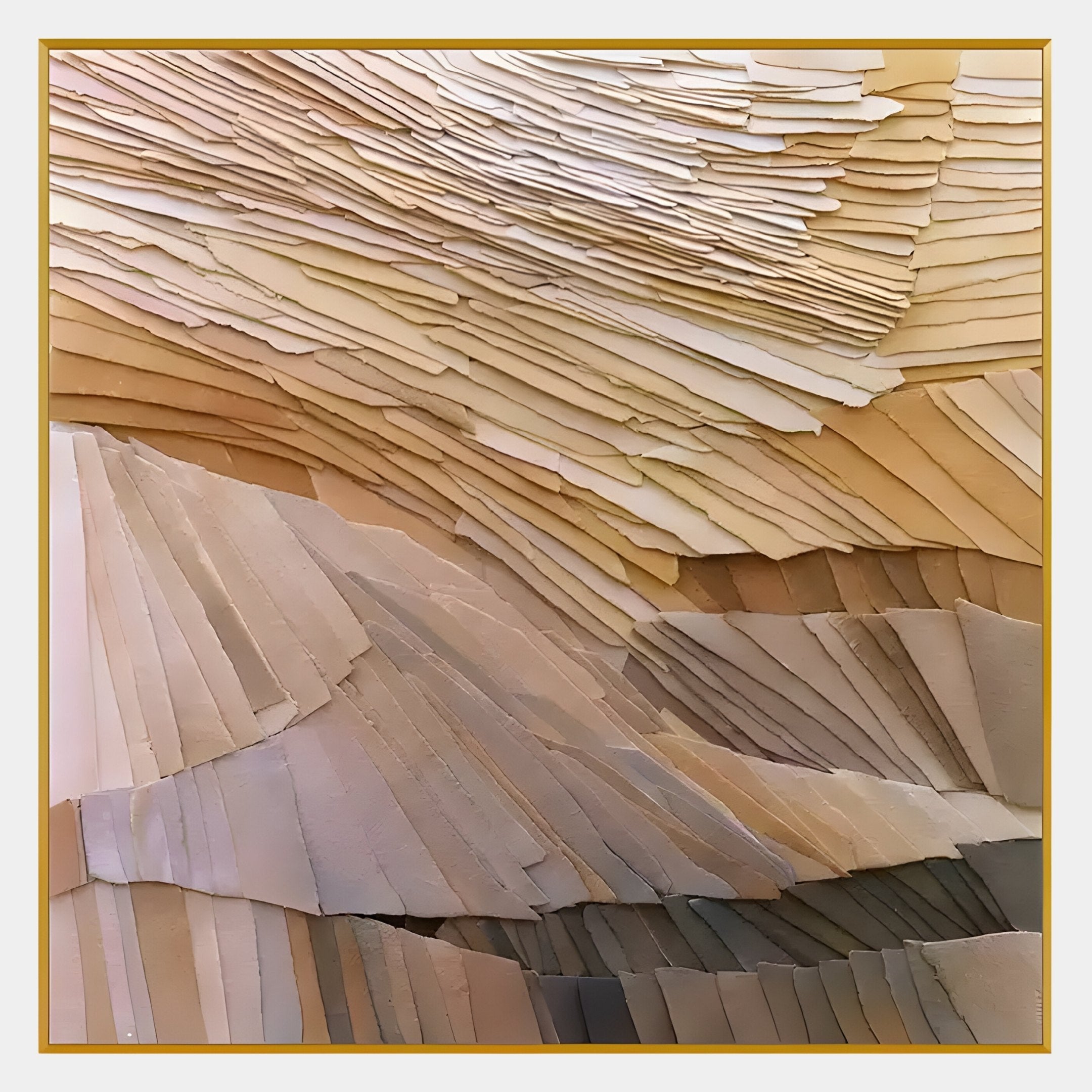 Terrane Timeless Beige Layered Abstract Wall Art by Giant Sculptures features textured, wavy patterns in beige, tan, and brown paper strips with a thin gold border—an elegant piece that channels wabi-sabi aesthetics.