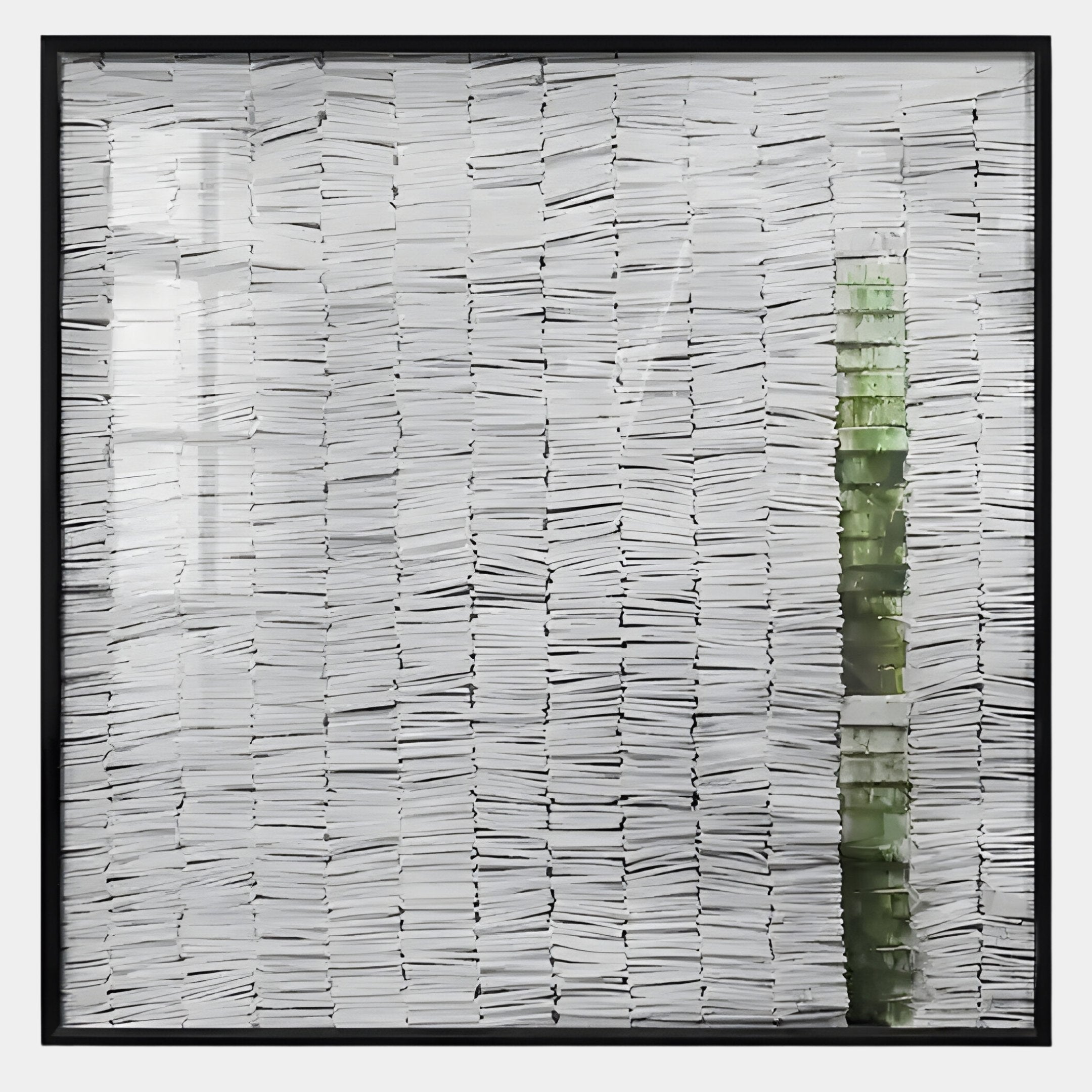 The Tracery V Green & White Textured Paper Wall Art by Giant Sculptures showcases neatly arranged white paper and a vertical column of green containers, creating an exquisite example of minimalist green and white décor.