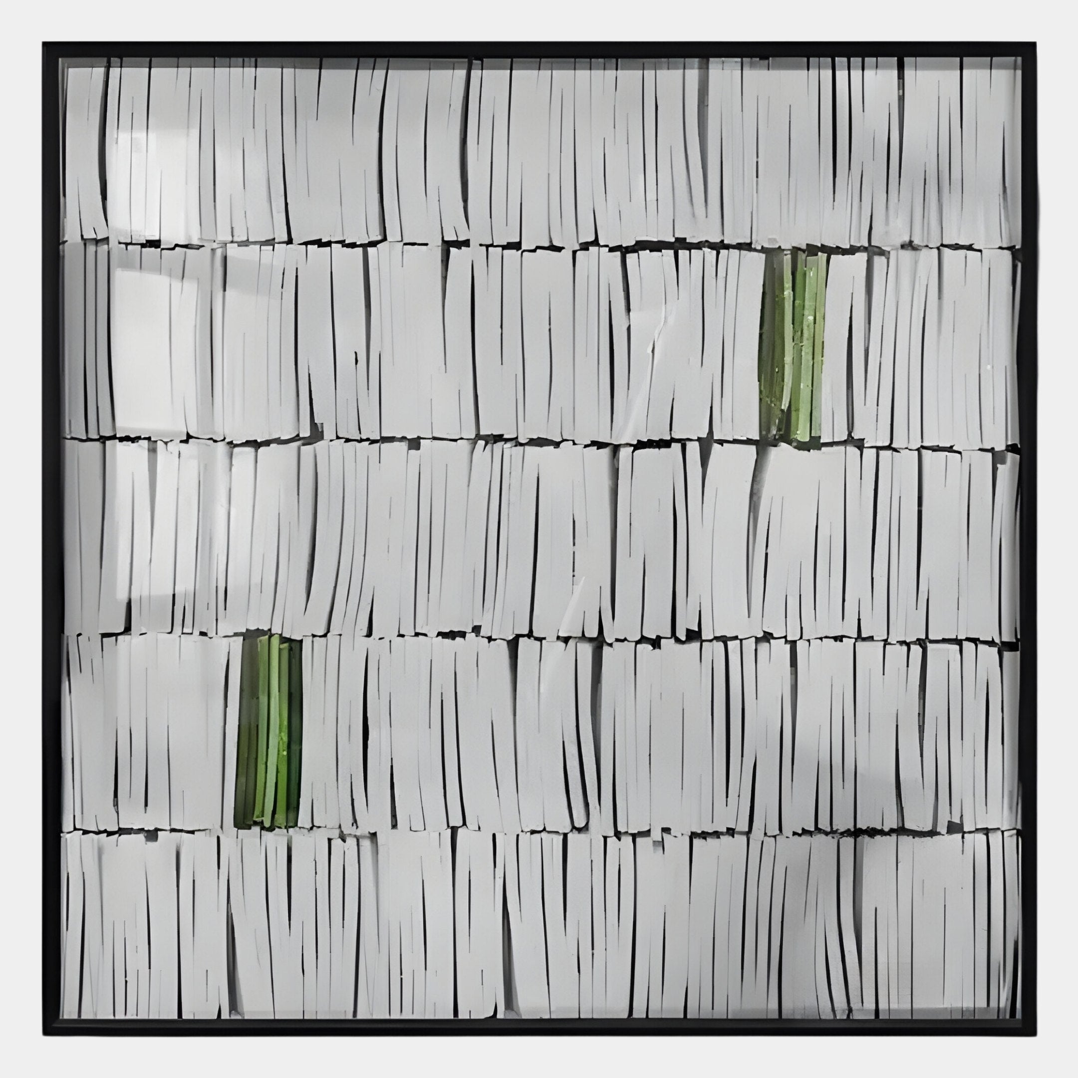 The Tracery II Green & White Textured Paper Wall Art by Giant Sculptures features rows of white and two greenish textured spines, creating a minimalistic, modern accent for contemporary interiors.