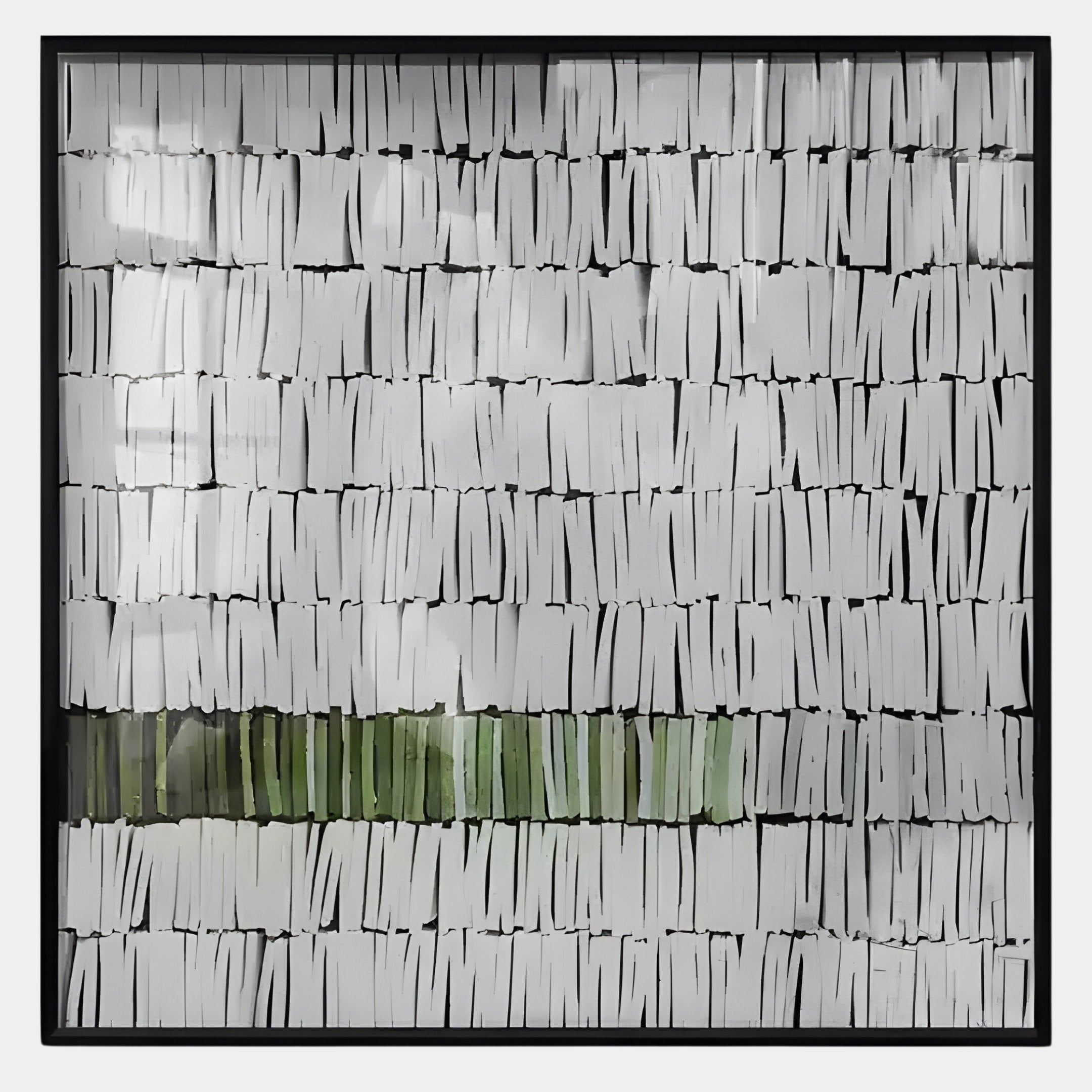 The Tracery III Green & White Textured Paper Wall Art by Giant Sculptures features white, book spine-like rectangles and a green strip. Its minimal design, black frame, and neutral background highlight contemporary craftsmanship.