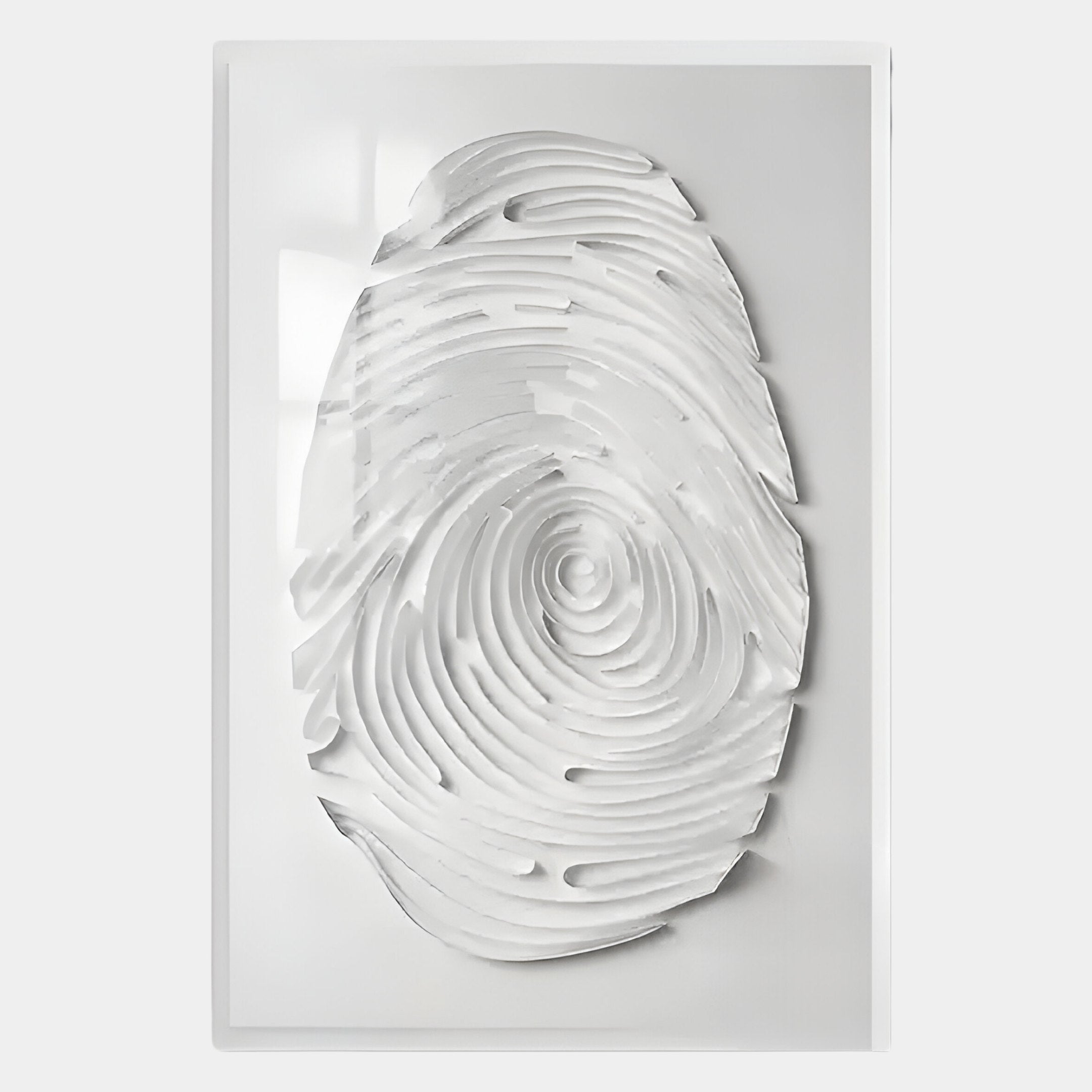 The Imprint White Fingerprint Personalised Abstract Wall Art by Giant Sculptures is a three-dimensional, white sculpture with layered, curved ridges, displayed vertically against a light gray background—ideal for modern statement decor.