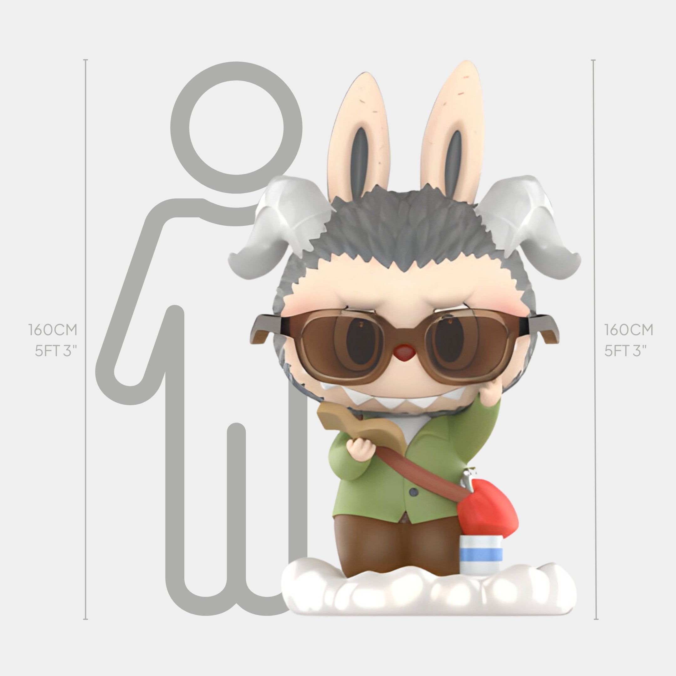 The Constellation Capricorn Labubu Sculpture - 160cm by Giant Sculptures features rabbit ears, gray fur, glasses, a green jacket, and a red bag on a snowy base, bringing adorable charm to modern spaces.
