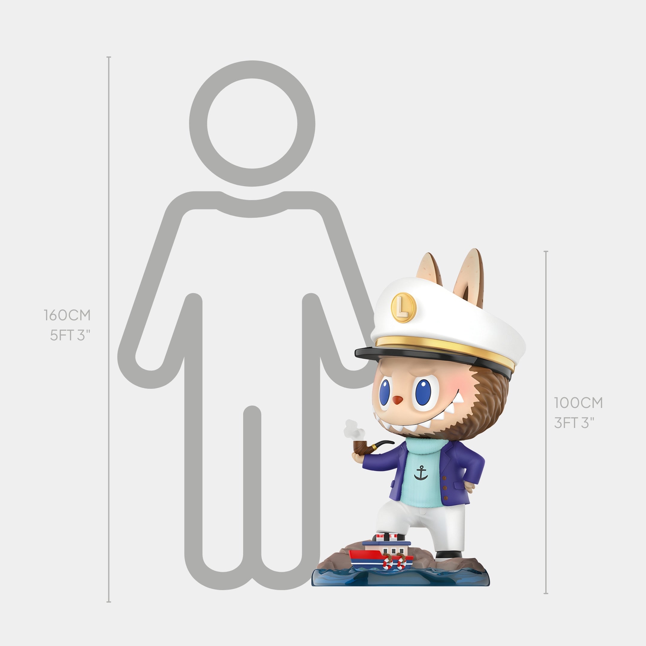 The Monster Captain Labubu Sculpture by Giant Sculptures stands 100 cm (3 ft 3 in) tall beside a height chart comparing it to a 160 cm (5 ft 3 in) person, showcasing the playful nautical charm of this seaside figure.