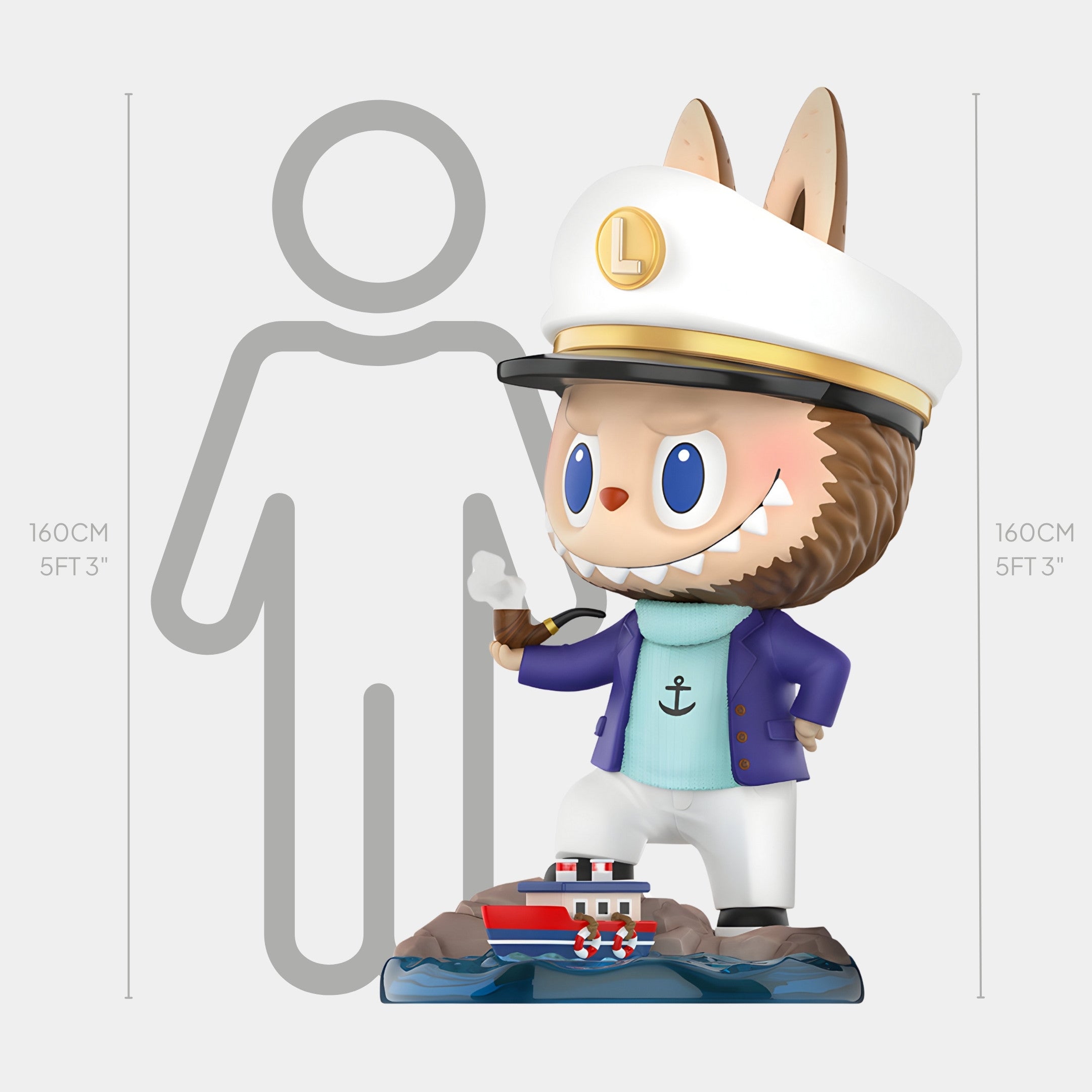 The Monster Captain Labubu Sculpture by Giant Sculptures is a 160cm-tall cartoonish animal figurine dressed as a ship captain with a pipe, standing beside a toy boat—a bold nautical character perfect for any space.
