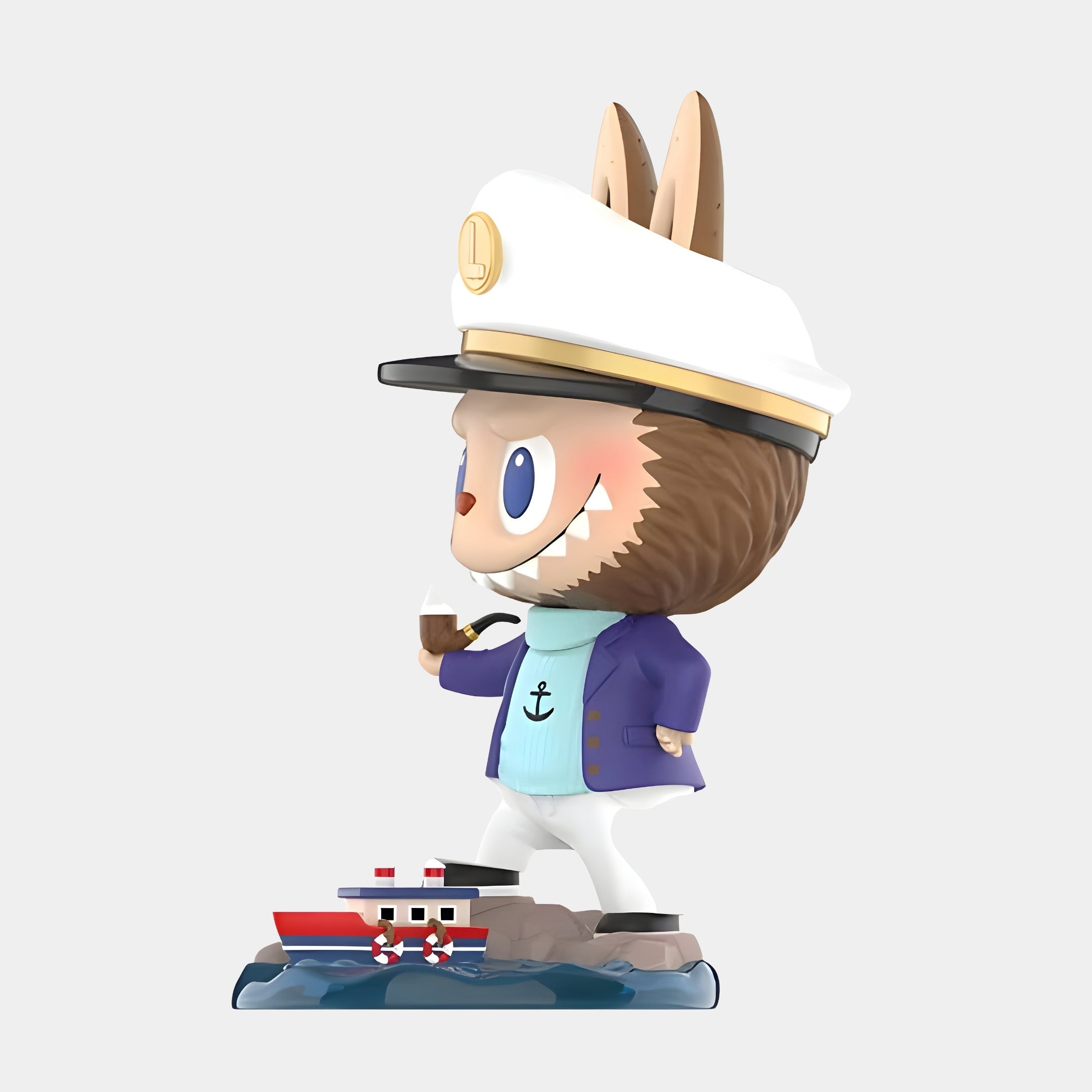 The Monster Captain Labubu Sculpture - 160cm by Giant Sculptures depicts a cartoon rabbit in a captains hat, purple coat, and blue shirt with anchor, holding a pipe on rocks beside a red and white boat on water.