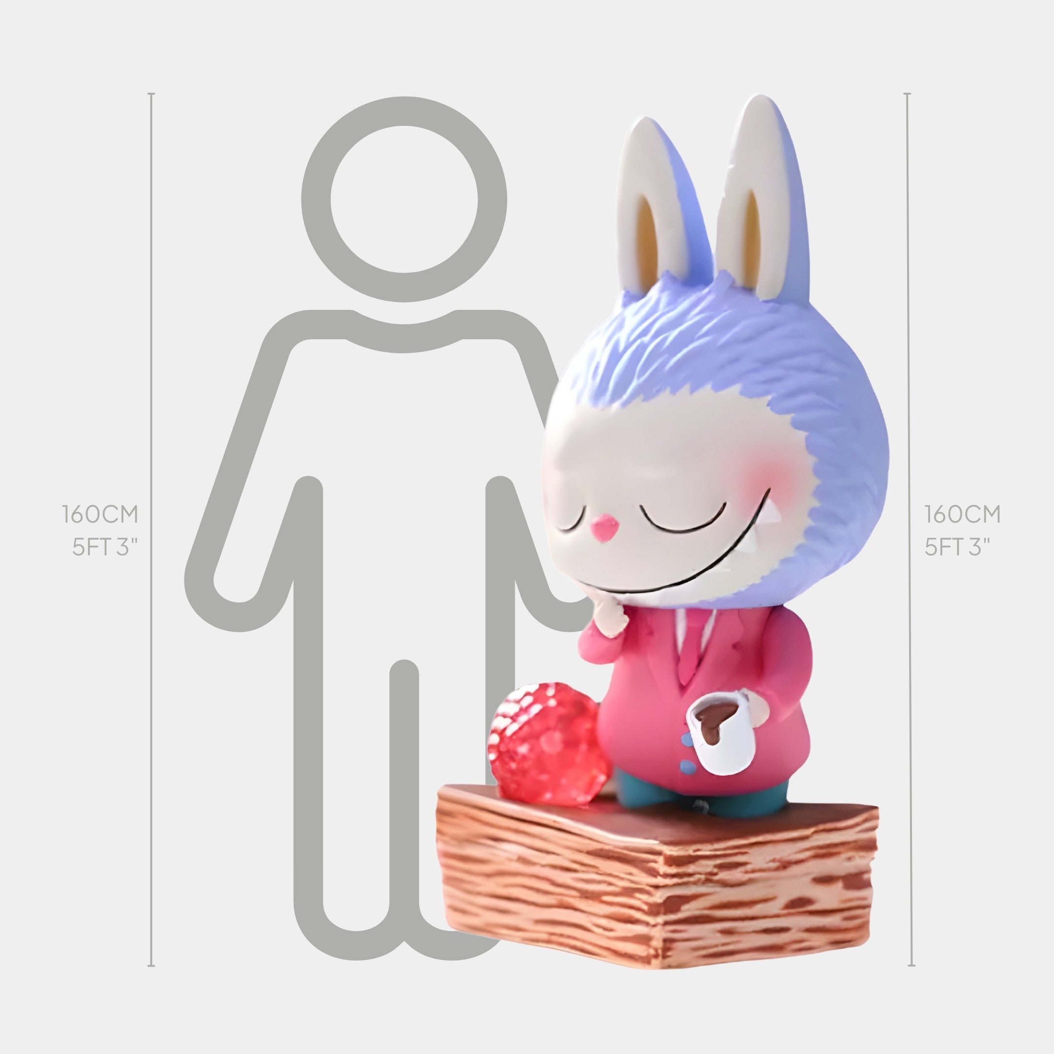The Sweet Mischief Napoleon Slice Labubu Sculpture by Giant Sculptures is a 160cm fibreglass figure with purple fur, a pink coat, and a cup, shown on a wooden platform beside a grayscale human silhouette for scale.