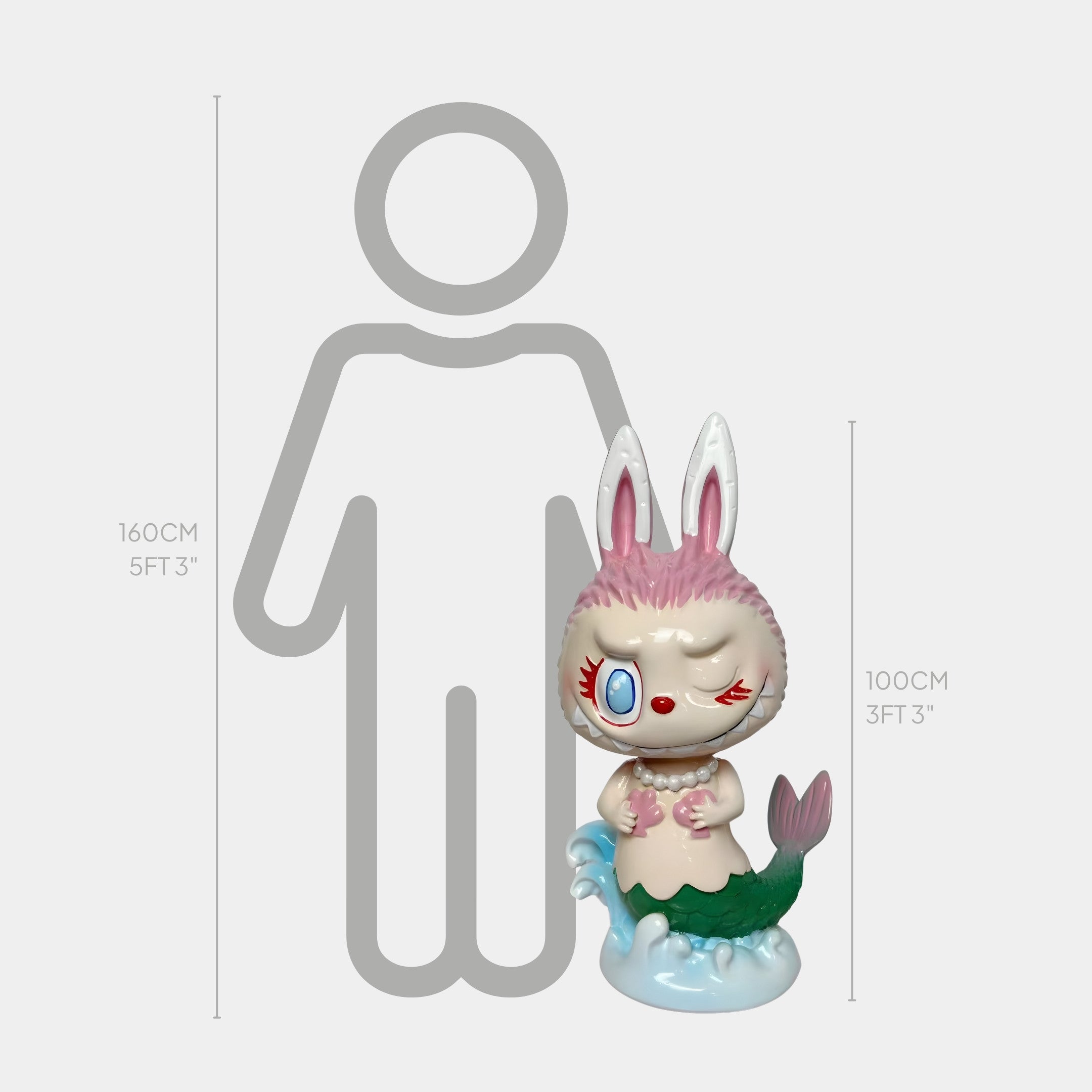 The Giant Sculptures Carnival Secret Mermaid Labubu Sculpture - 100cm features a winking, cartoonish mermaid standing on blue waves beside a 160 cm human outline, highlighting its museum-grade finish and impressive height.