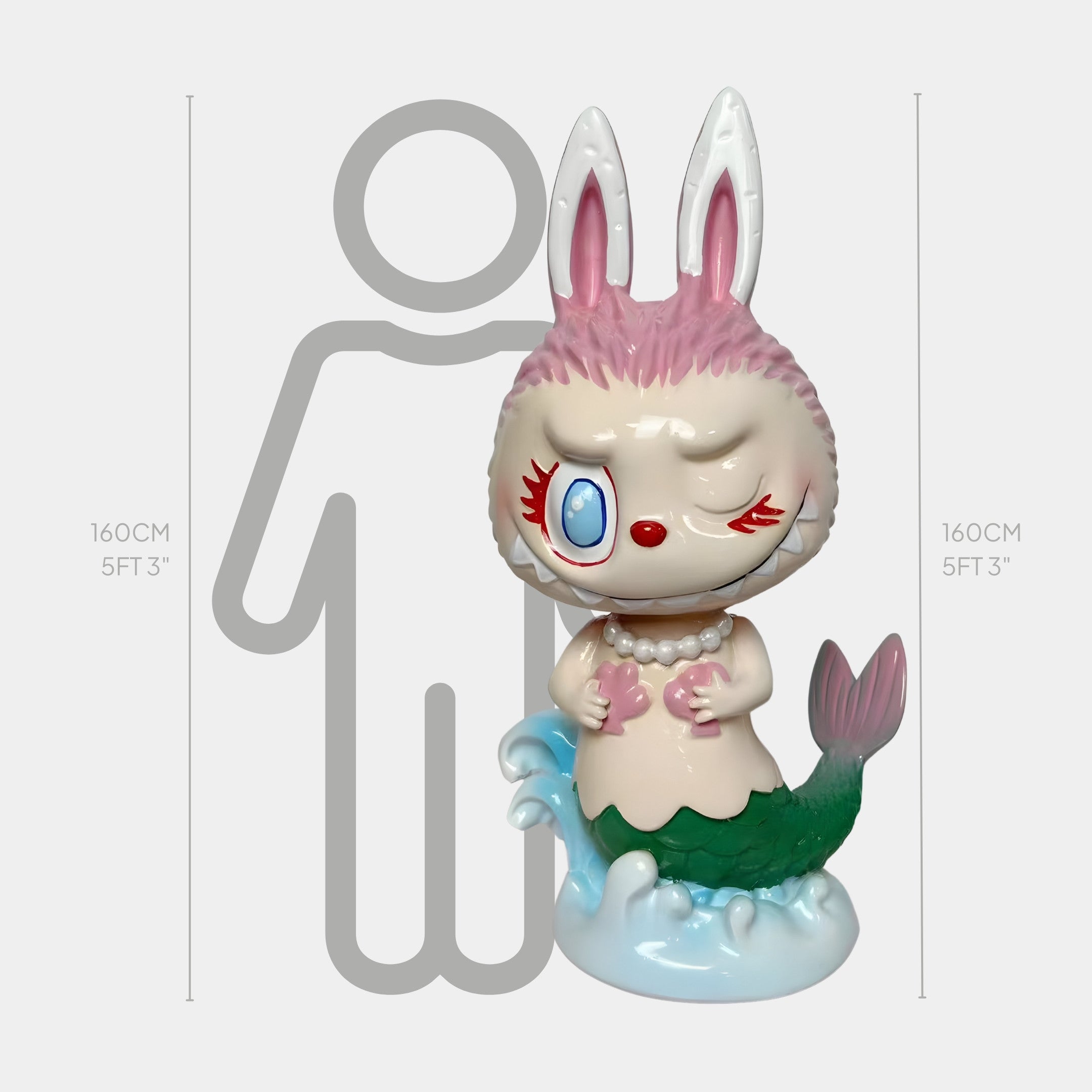 The Giant Sculptures Carnival Secret Mermaid Labubu Sculpture - 160cm features a winking, pink and white bunny-mermaid with a pearl necklace, crafted in fibreglass with a museum-grade finish. It stands about 160 cm (5 ft 3 in) tall.