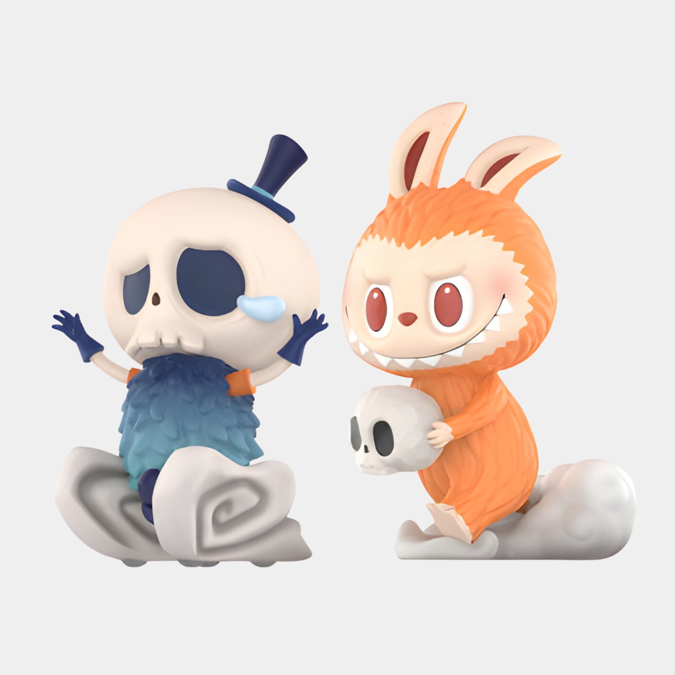 The Spooky Buddies Skull Drop Labubu Sculpture by Giant Sculptures stands 160cm tall, featuring a grinning figure in an orange bunny suit with a skull—an eye-catching fibreglass piece perfect for indoor display.