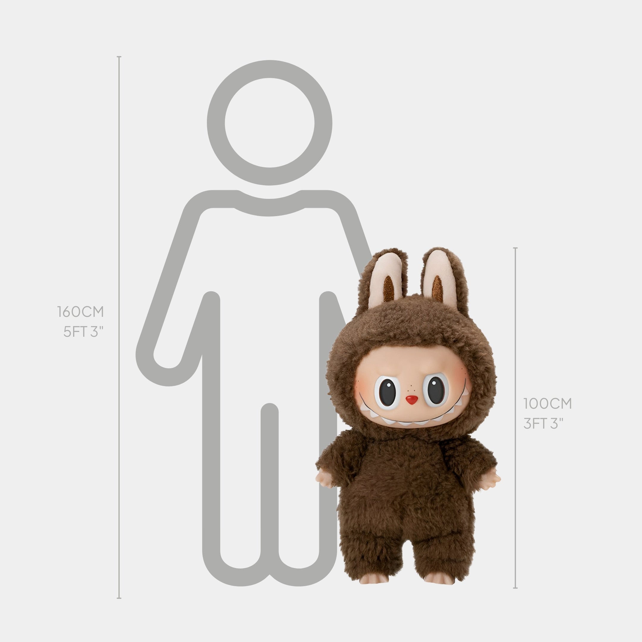 The Giant Sculptures Fluffy Walkers Classic Brown Labubu Sculpture (100cm) in a soft faux-fur bunny outfit stands beside a 160cm human outline for scale. The sculpture is 100cm (3 ft 3 in) tall.