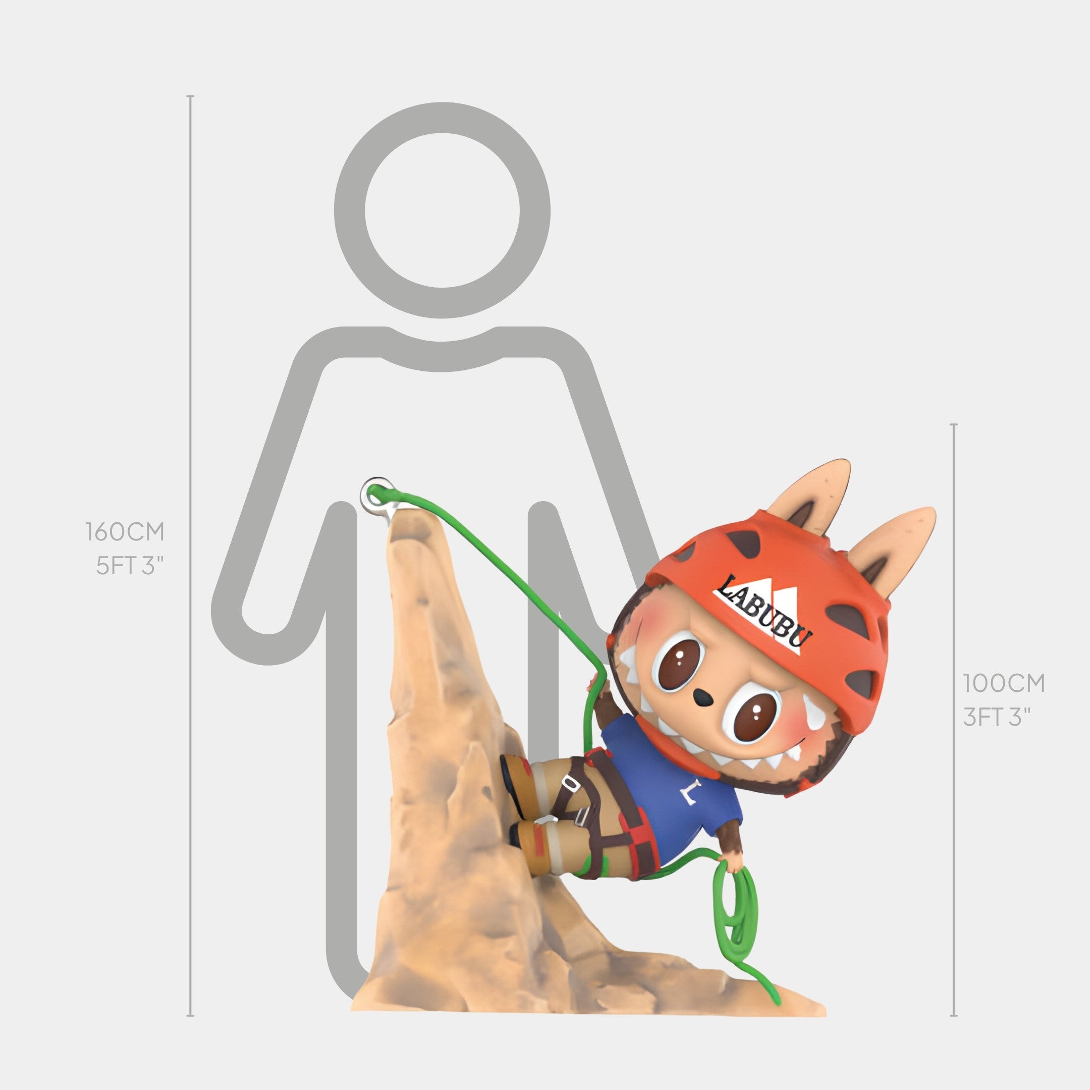 The Rock Climber Labubu Sculpture - 100cm by Giant Sculptures shows Labubu in a red helmet climbing rocks with a green rope. A gray human silhouette (160 cm) highlights the sculpture’s height for scale comparison.