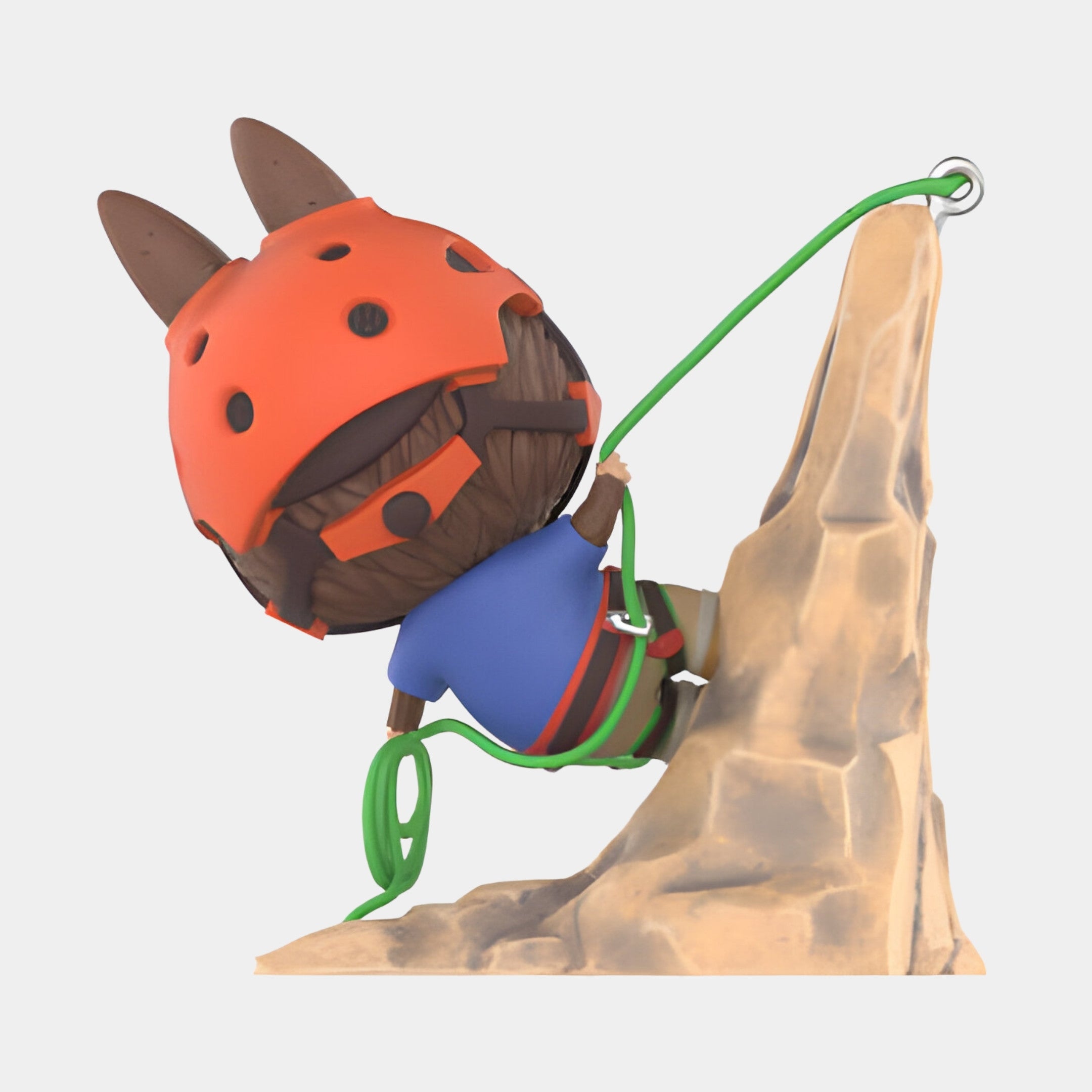 The Rock Climber Labubu Sculpture - 100cm by Giant Sculptures features a cartoon animal in an orange helmet and blue shirt climbing with a green rope, seen from behind, and captures an adventurous spirit.