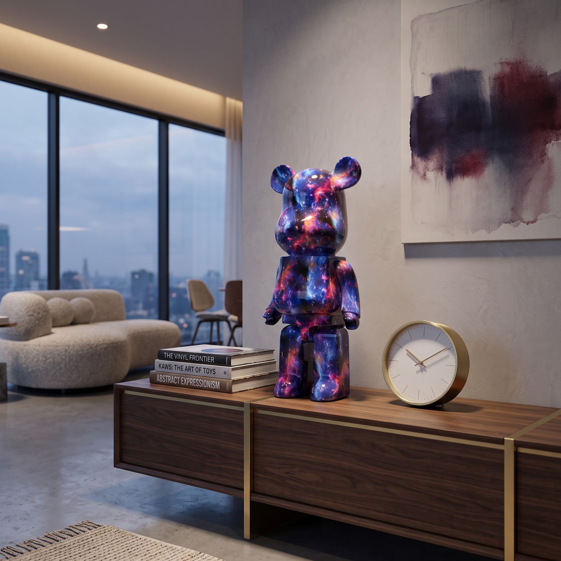 Cosmic Bear Sculpture - 50cm in glossy purple galaxy-print resin, displayed on a wood credenza beside a clock and books in a modern living room.