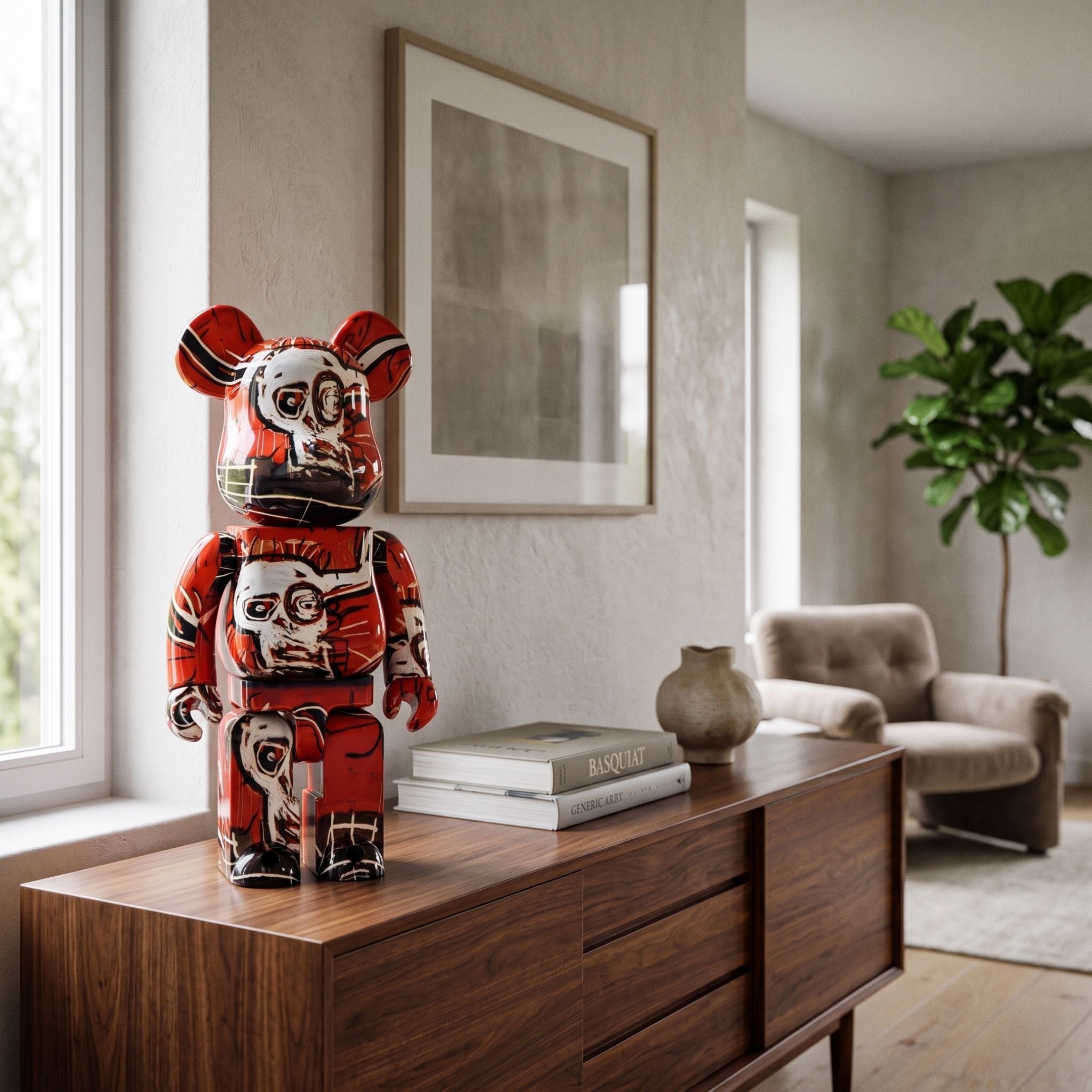 Crimson Skull Bear Sculpture, 70cm, in red, black and white skull-motif resin finish, displayed on a wooden sideboard beside books in a living room.