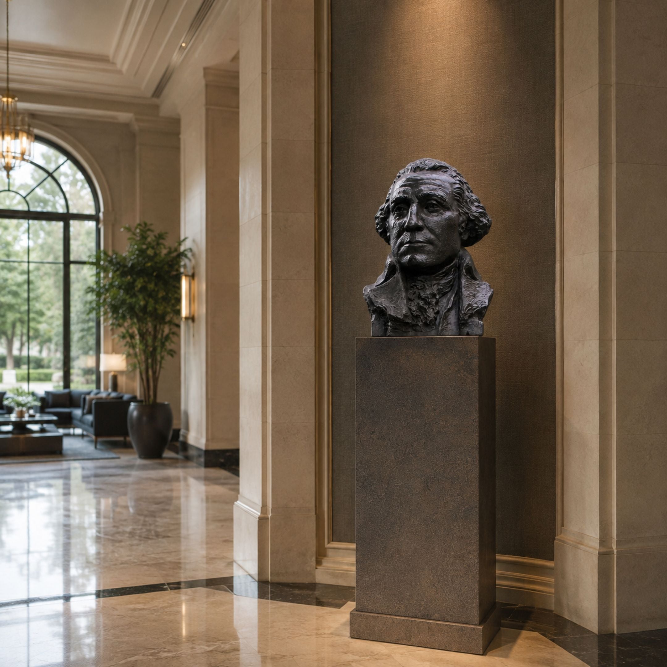 Classical Historical Male Bust Bronze Bust - 90cm displayed on a granite plinth in a marble-floored lobby with columns and a seating area nearby.